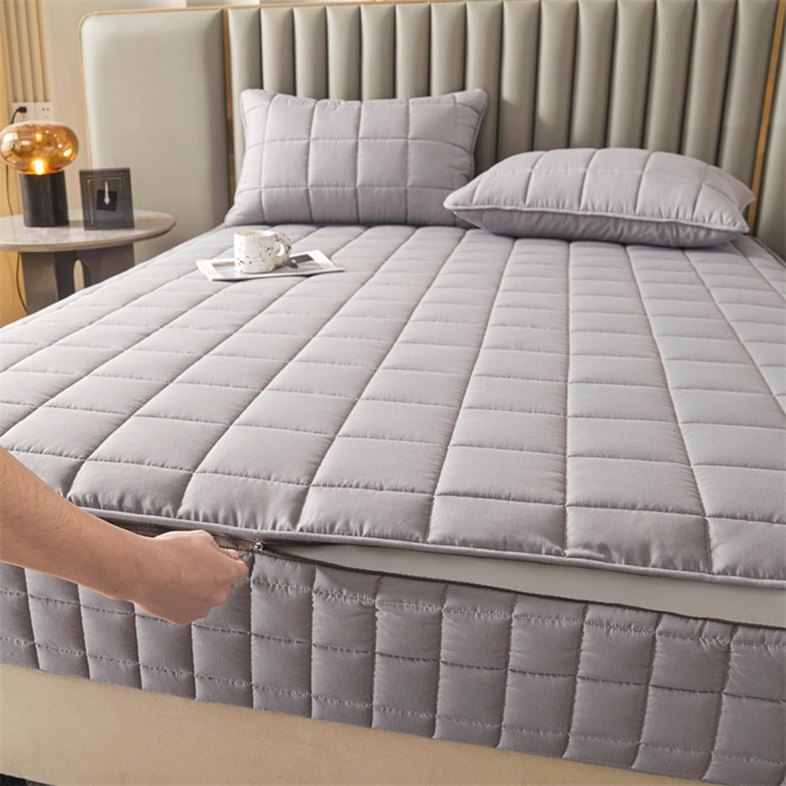 Housse de Matelas Integrale 80/130/140/160/170 Couvre/Protège Matelas avec Fermeture éclair Housse de Protection Matelas Matelassé à Cinq Côtés Amovible Draps Housse Demenagement(90X190+15cm,A)