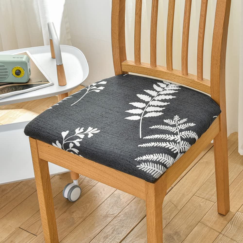 Highdi Dining Chair Seat Covers set of 1/2/4/6, Stretch Spandex Seat Cushion Slipcovers, Removable Washable Seat Protector Cover for Dining Room Living Room Office Hotel (4 pcs,anthracite leaves)