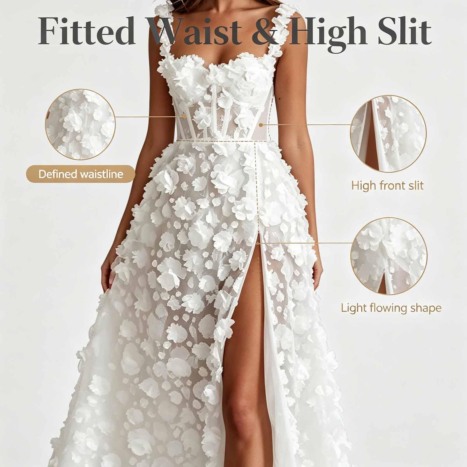Vestito Sera 3D Fiori, Lungo A-Line con Spacco, Per Matrimonio