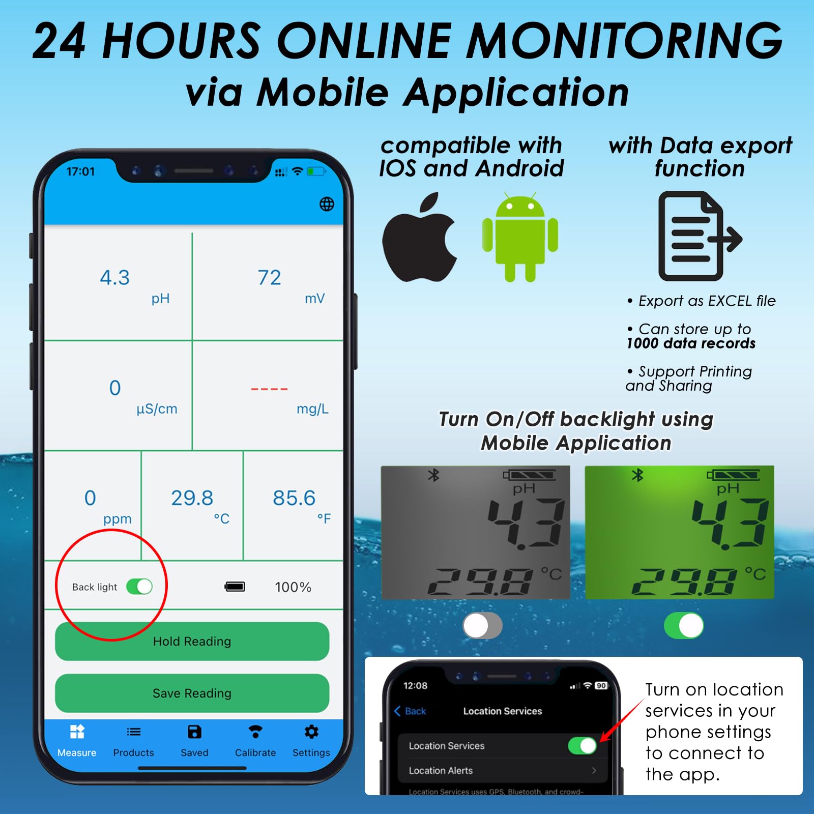Testeur de qualité d'eau intelligent : Moniteur flottant Bluetooth 6-en-1 pour piscines, spas et cultures hydroponiques - mesure du pH, de l'EC, de l'ORP, du chlore, de la salinité et de la températur