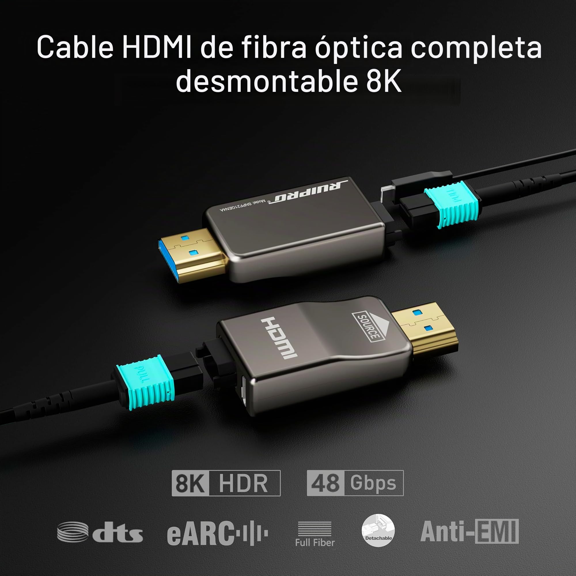RUIPRO Cable HDMI 8K 15M de Fibra Óptica Pura Desmontable, Blindado con Acero Inoxidable, HDMI 2.1 Ultra Alta Velocidad 48Gbps, Soporta 8K@60Hz 4K@120Hz, eARC, Compatible con PS5, Xbox, TV, Proyector