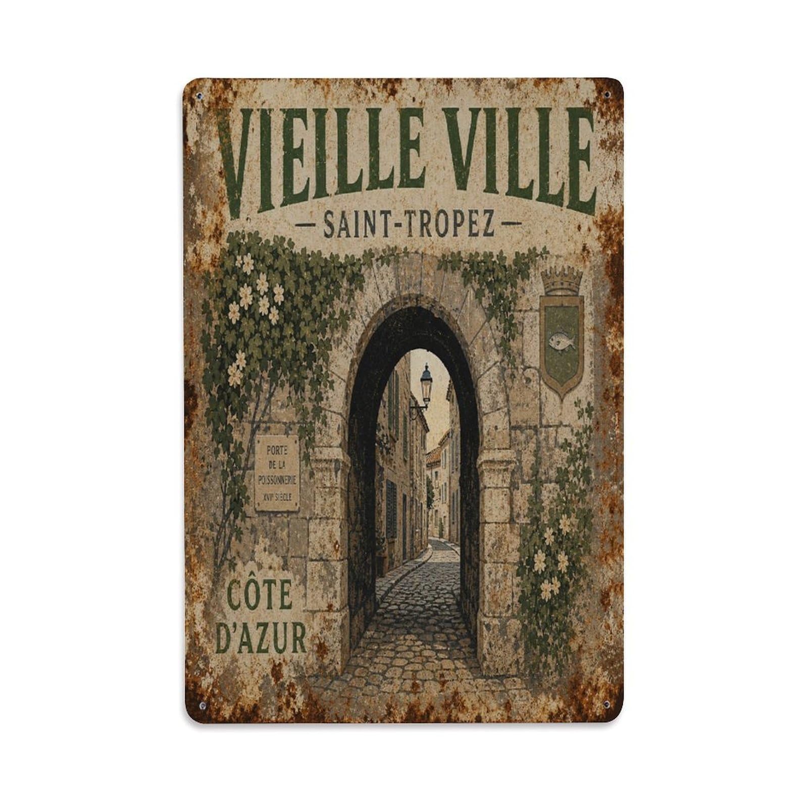 French Village Travel Vintage Riviera Lifestyle Metal Tin Sign Plaque Wall Decor for Cafe, Man Cave, Club Bar, Office, Home Garden Round Metal Poster 8x12Inch