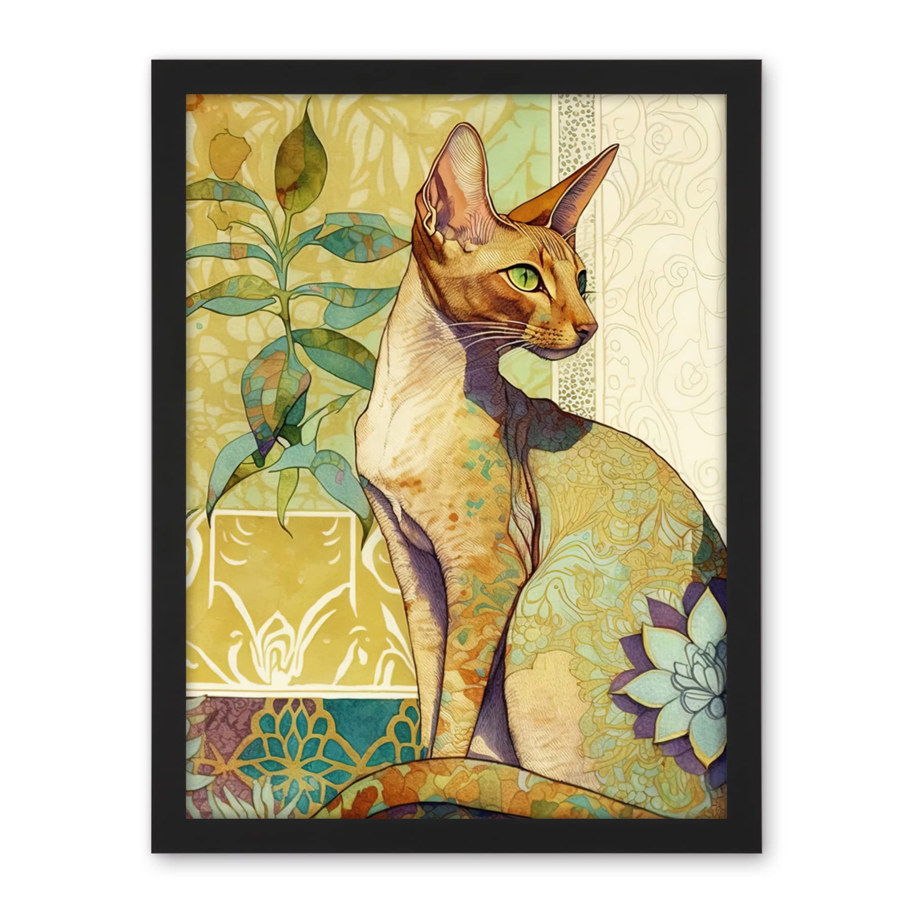 Artery8 Oriental Shorthair Cat with Art Nouveau Botanical Patterns Colourful Watercolour Illustration Artwork Framed Wall Art Print 18X24 Inch