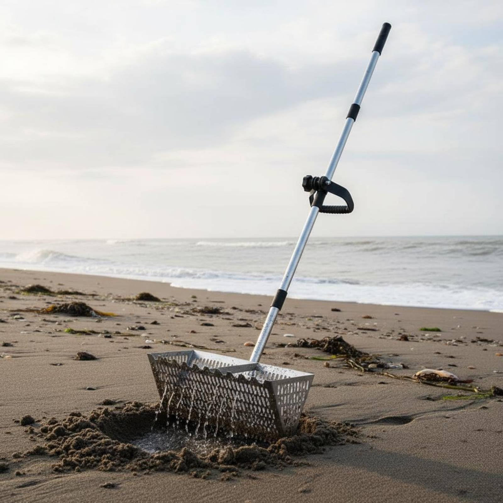 Colcolo Pala de Playa de Acero Adaptada para Detectoristas Canasta Tamizadora Robusta Mango Telescópico Borde Adecuada para Hallar y Uso en Costeras, Silv 304 AcInox