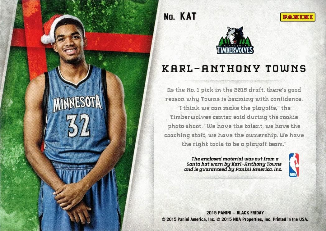 2015 Panini Black Friday Relics Basketball #KAT Karl-Anthony Towns Player Worn Santa Hat Rookie Card