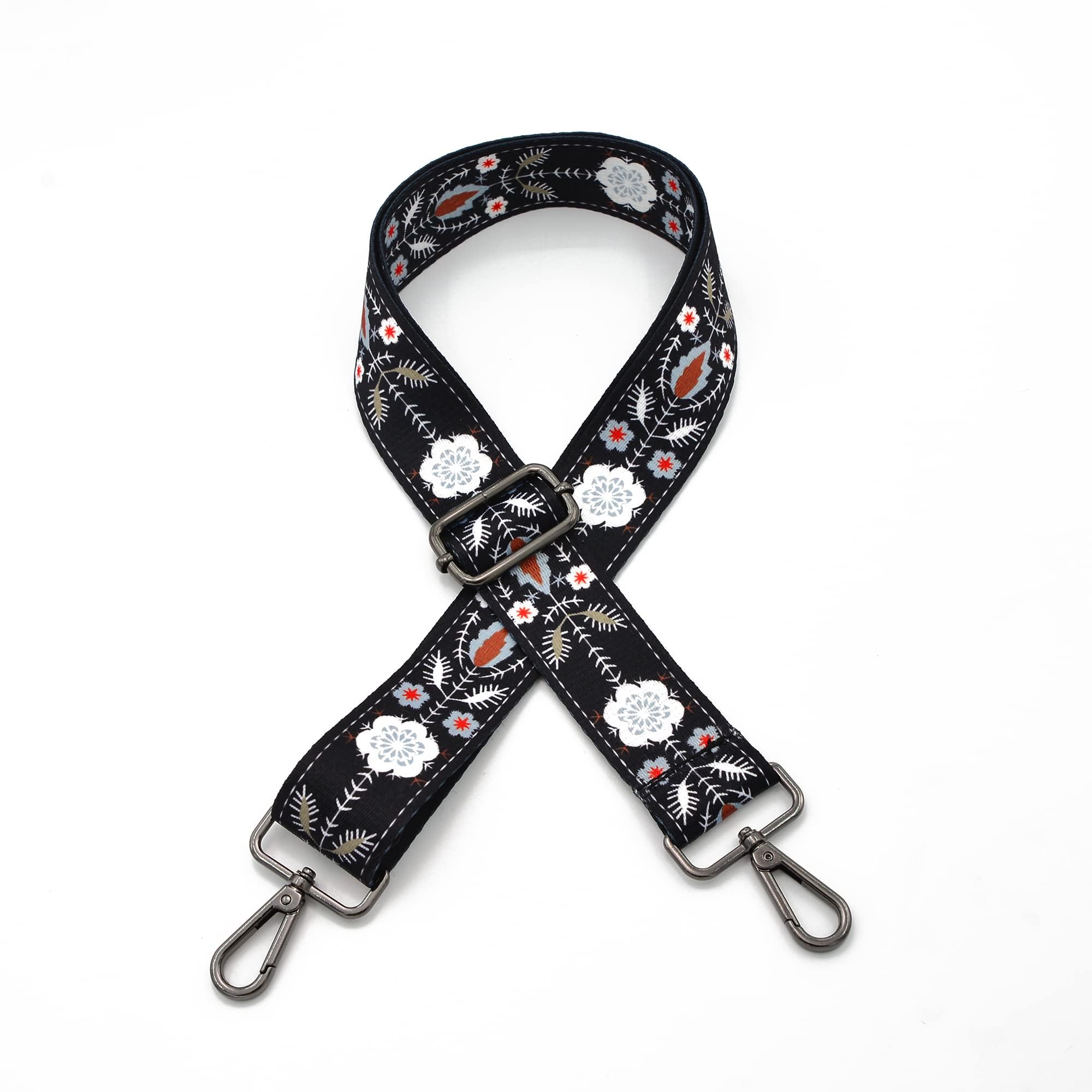 Correa cruzada ajustable de repuesto, correa de hombro ancha con herrajes plateados, bordado jacquard universal para bolsos y bolsas de lona (negro-nieve)