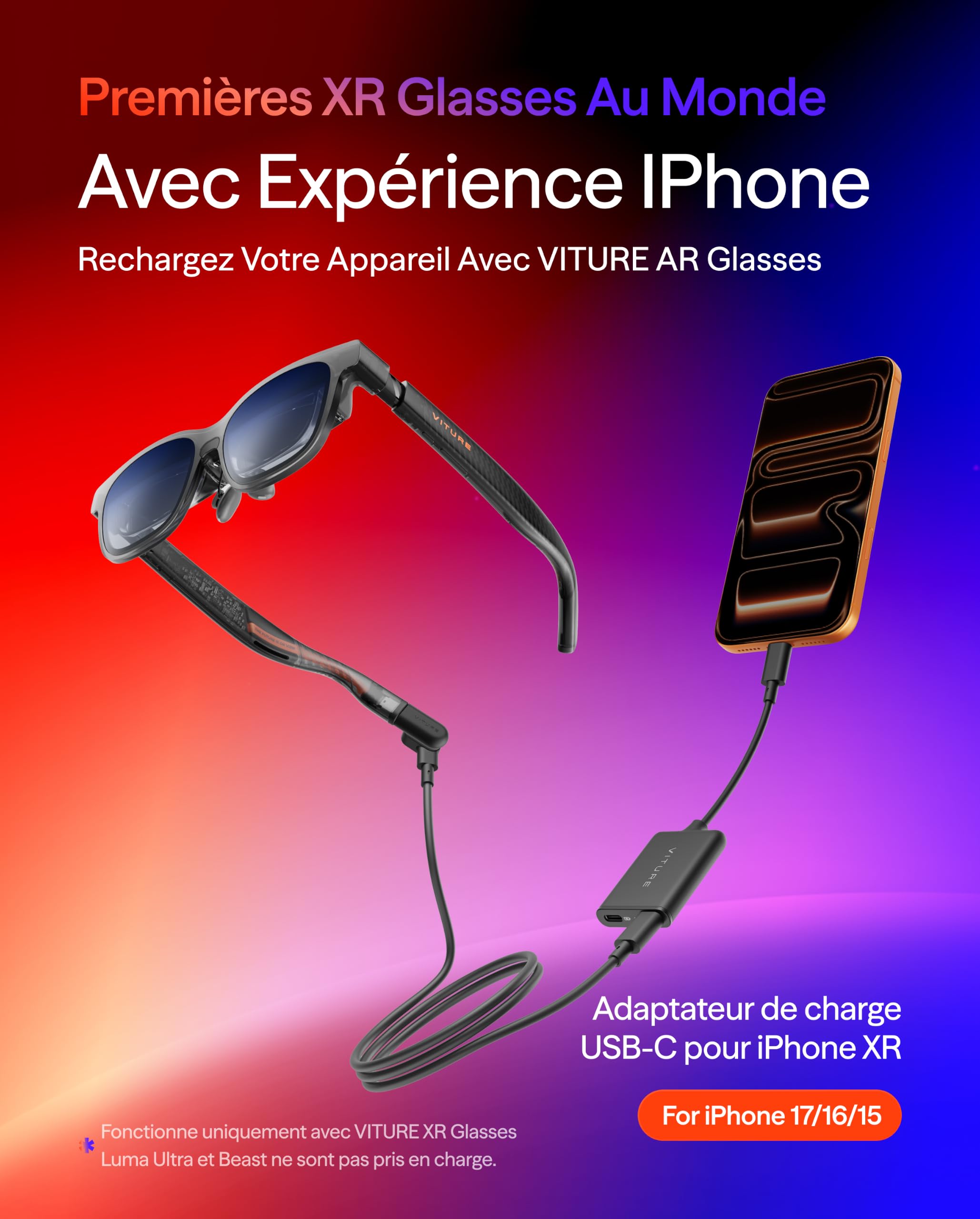 VITURE Adaptateur de Charge USB C XR USB-C iPhone Multi-écran 3DoF 3D Spatial VR Compatible iPhone 17/16/15 Charge Lecture