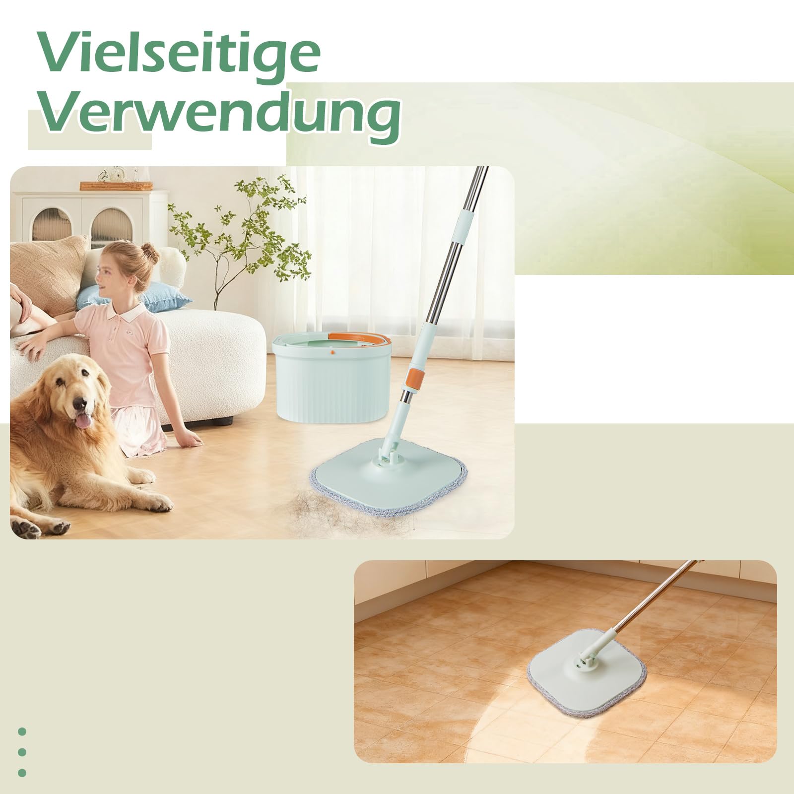COSTWAY Wischmopp und Eimersystem mit Auswringfunktion, Abwassertrennung, 360° Drehmoppkopf & 2 Mikrofaser-Pads, Flacher Bodenwischer für Nass- und Trockenreinigung (Grün + 6 Pads)