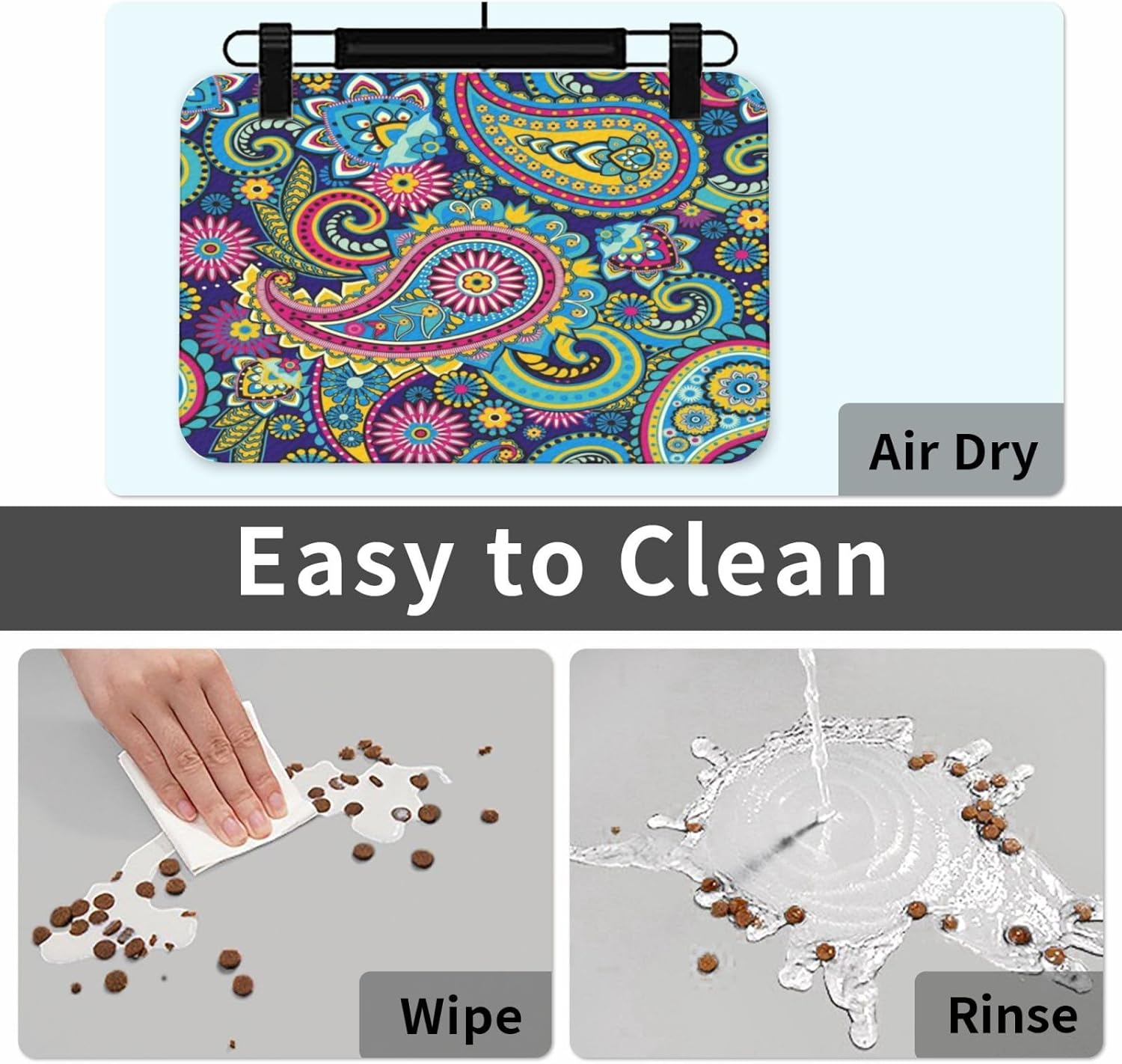 Red Polka Dot Bohemian Paisley Pet Feeding Mat-Absorbent Quick Dry Pet Cat Dog Food Mat Non Slip Waterproof Rubber Dish Placemat