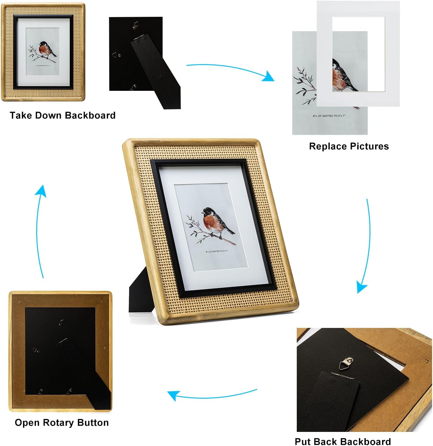 8x10 Picture Frame, Natural, Black and Rattan Trim, Pine Wood with Real Glass, Matted to 5x7, Vertical and Horizontal for Tabletop or Wall Hanging Display Photo Frame