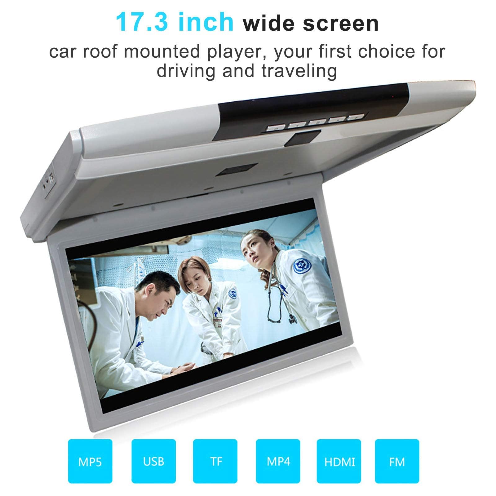 Monitor Ribaltabile per Auto, 17.3 Pollici 16: 9 Schermo Tft Digitale Ultrasottile 1080p Video Lettore per Auto da Tetto Monitor Montato sul Tetto Porta Hdmi USB SD Ir E FM,Grey