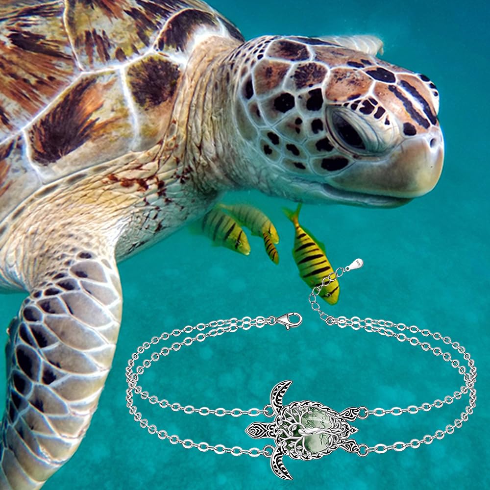 Cavigliera tartaruga in agata muschio, albero della vita, tartaruga, cavigliera da donna, in argento Sterling, oceano, spiaggia, mare hawaiano, gioielli regalo
