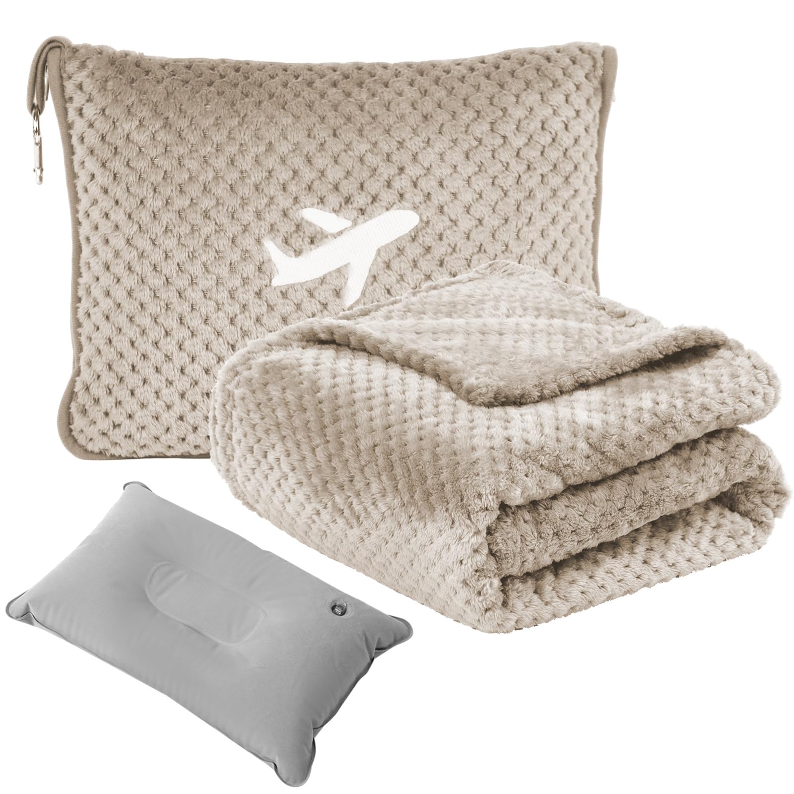 Travel Blanket Airplane Compact with Bag, Travel Essentials 3 in 1 Packable Airplane Blanket, Travel Pillow and Blanket Set, Inflatable Pillow, Luggage Sleeve & Backpack Clip (Camel)