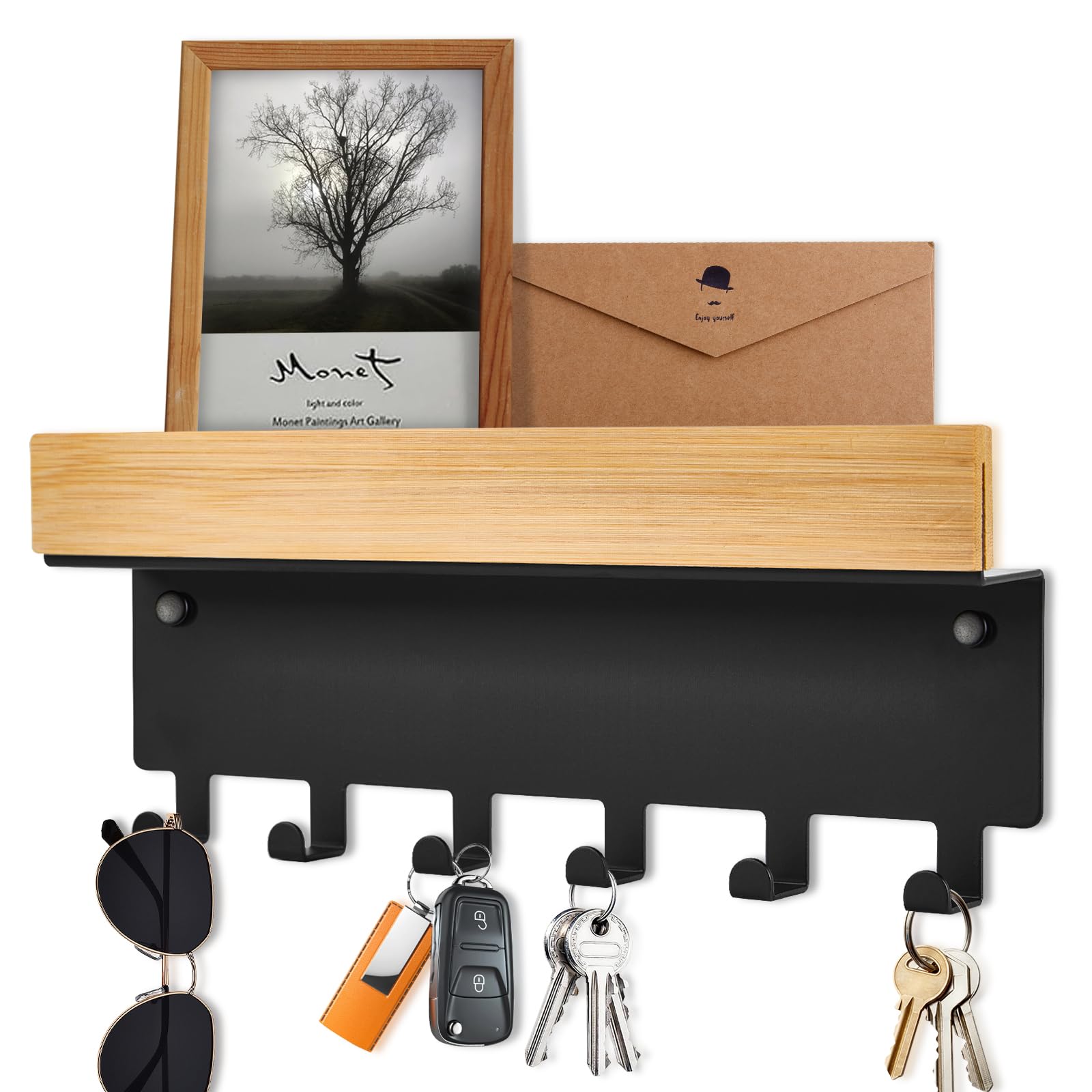 TINIFO Colgador Llaves Pared De Madera - Cuelga Llaves Pared Negro, Moderno Portallaves Pared Con 6 Ganchos Para Pasillo, Cocina, Entrada