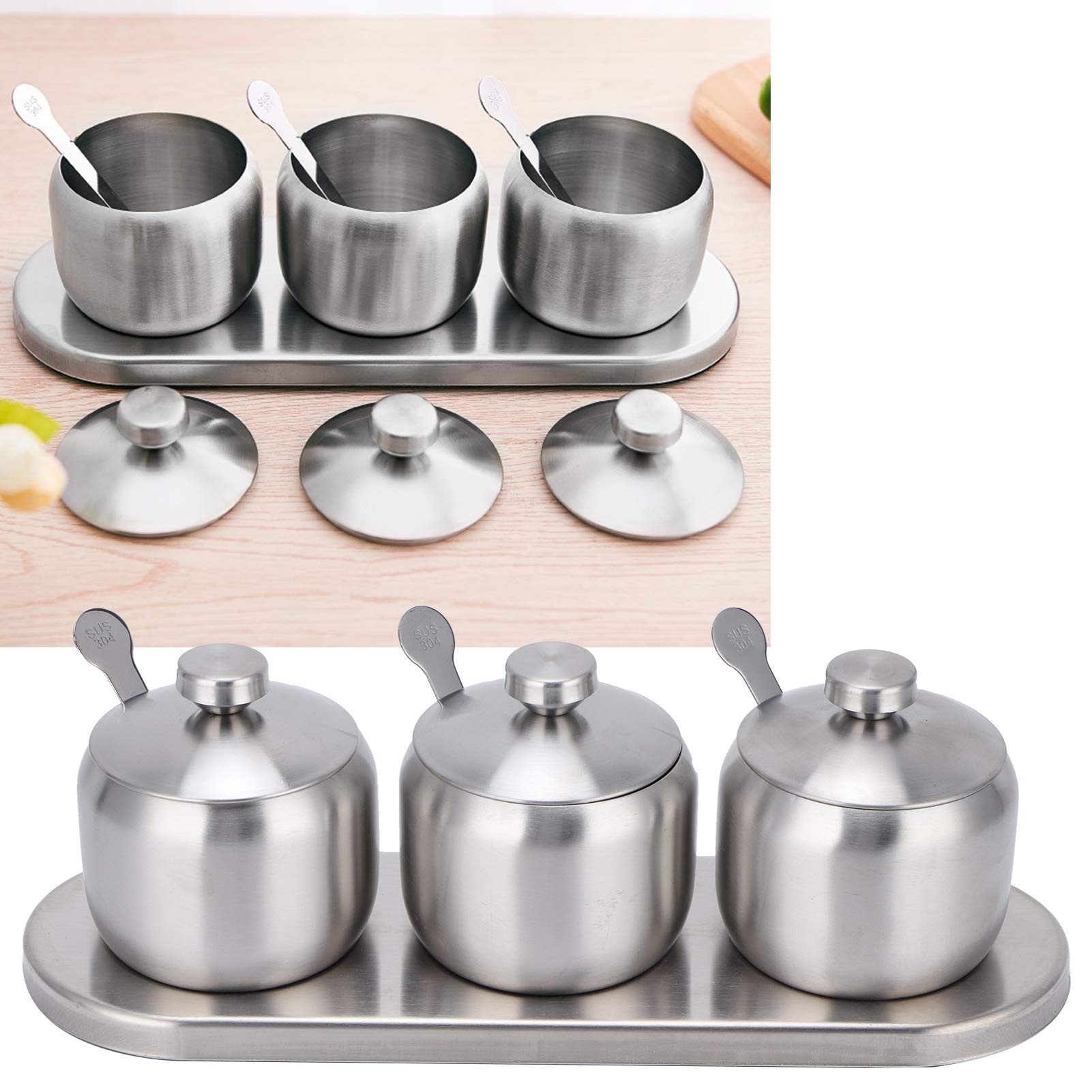 Set di 3 contenitori per spezie in acciaio inox con coperchi e vassoio, ideali per conservare sale, pepe, curry, peperoncino in polvere, organizer per spezie da cucina, 8,5 x 9,5 cm, resistente ed