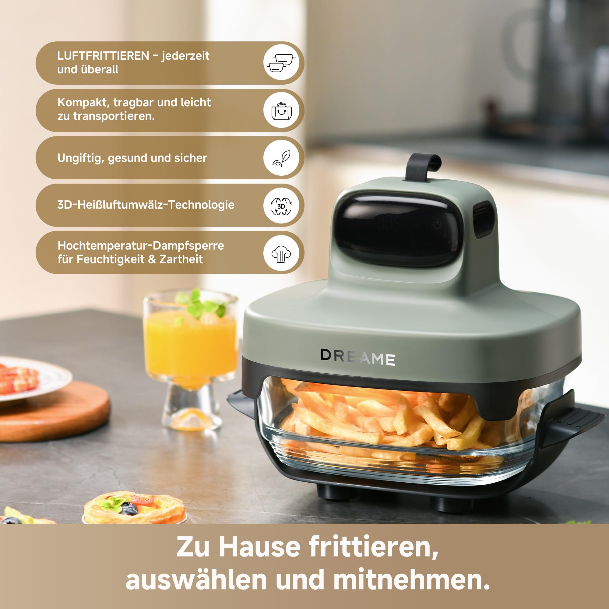 dreame Tasti AirFryer 5-in-1 tragbare Glas-Heißluftfritteuse, Zwei-Behälter-Setup (2,5 L + 4,5 L), 6 mm Borosilikatglas, 3D-Heißluft-Umwälzung, spülmaschinengeeignet, 360°-Panorama-Ansicht, abnehmbar