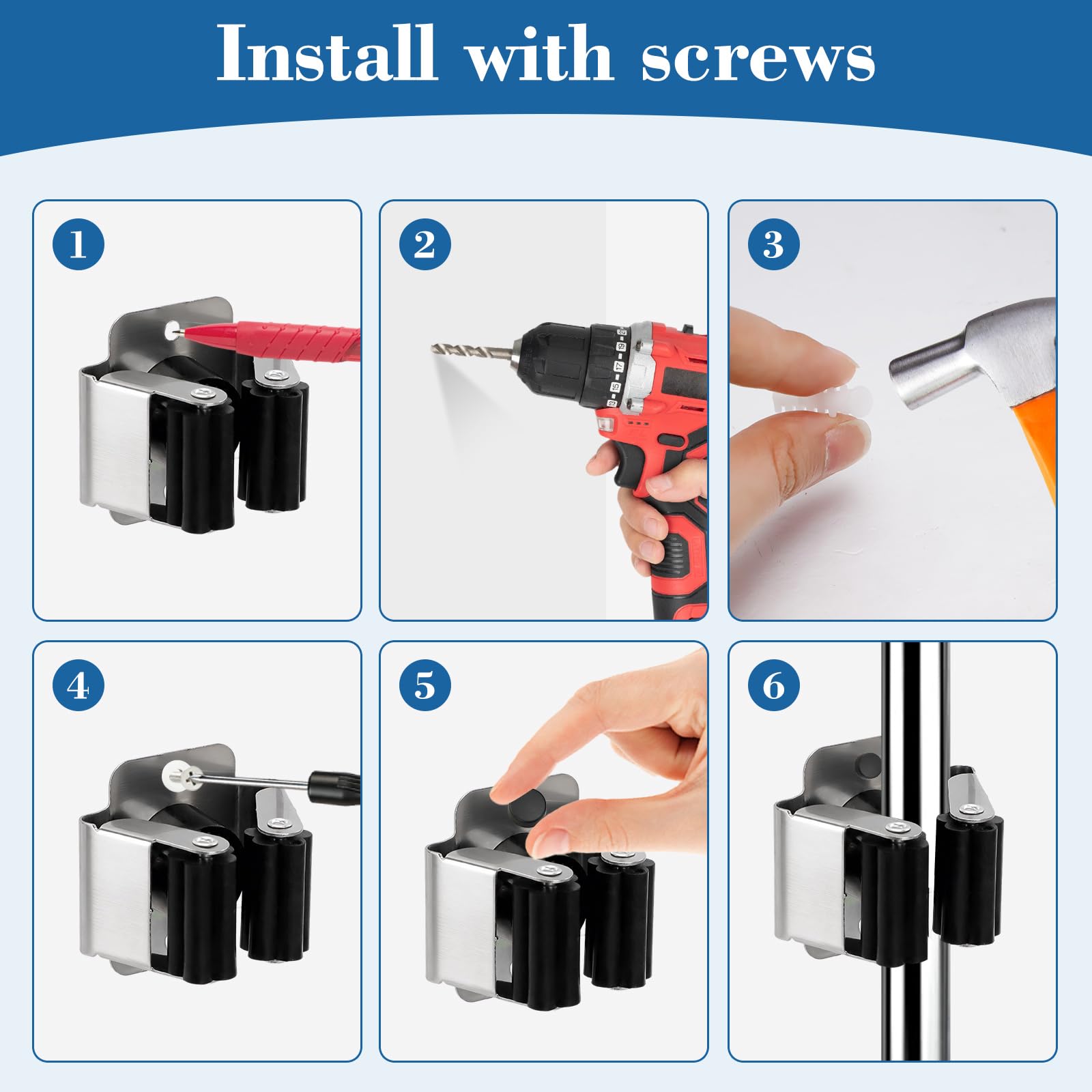8 pezzi Supporto per scopa da parete, supporto per attrezzi da cucina, casa, bagno, garage, porta attrezzi da giardino per scopa, scopa, pala, attrezzi da giardino