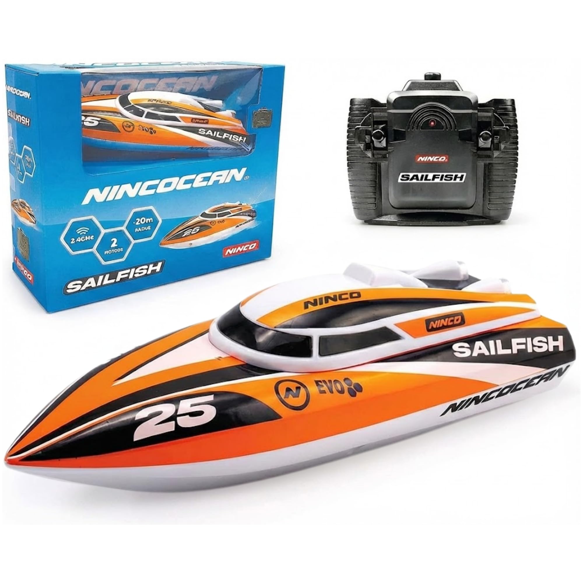NincOcean - Sailfish | Barco Teledirigido con Gran ángulo de Giro y 2 Motores | Emisora 2,4 GHz | Medidas: 24x9x8 cm | Surca Las Aguas con esta Bestia acuática | A Partir de 6 años (NH99036)