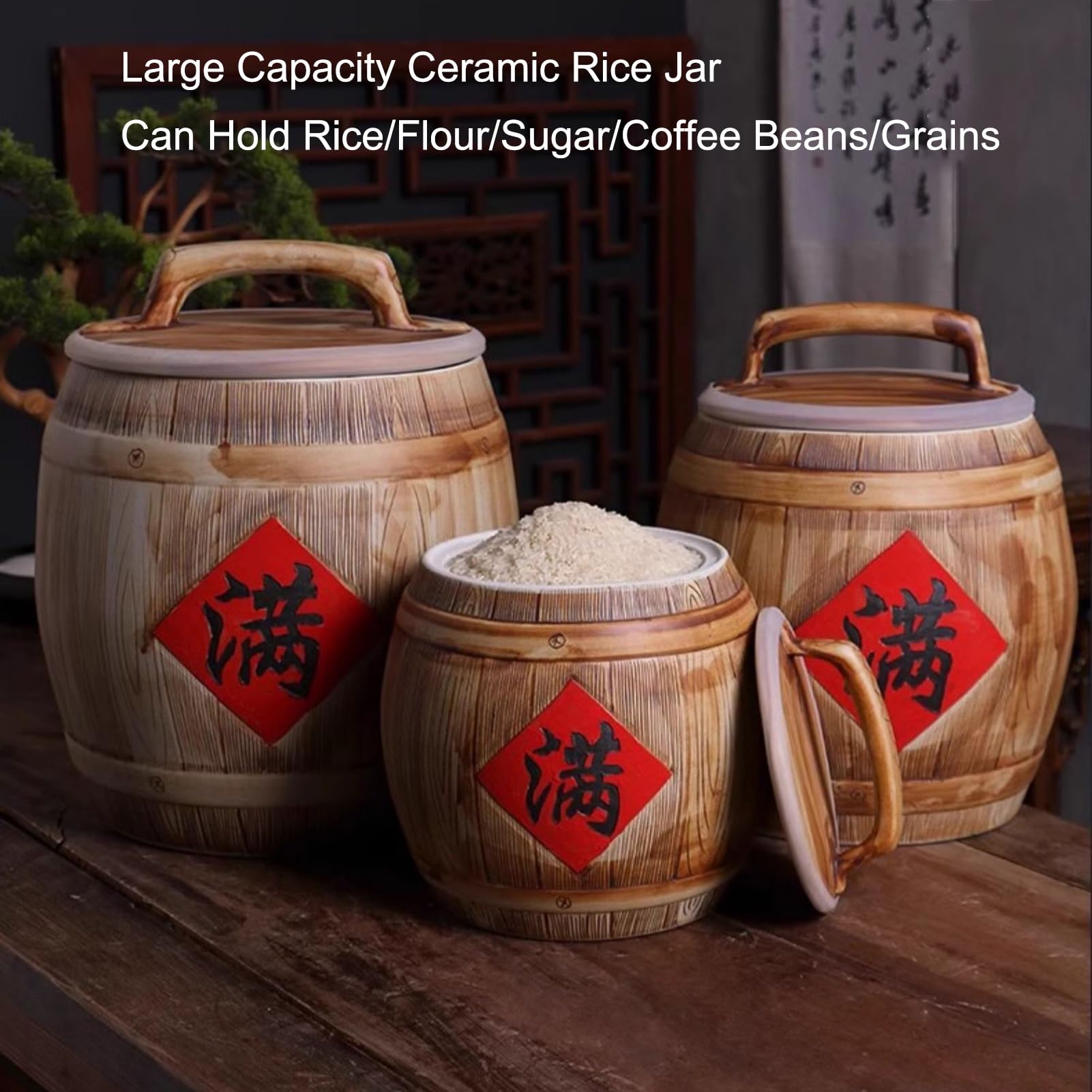 Ceramiczny słoik na ryż z pokrywką, ceramiczne wiadro na ryż, duży ceramiczny pojemnik na ryż, ceramiczny cylinder na ryż, duży pojemnik do przechowywania żywności, do przekąsek ryżowych (33 x