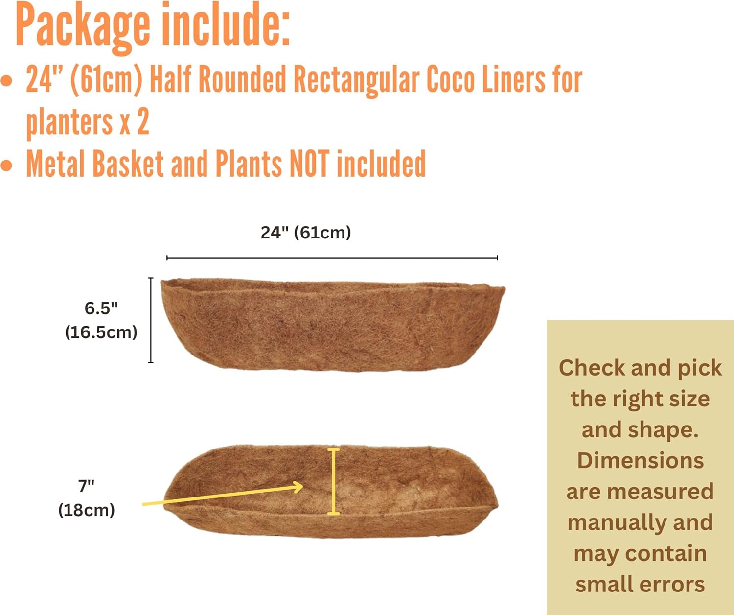 Maxona 24 inch 2 Pack Half Rounded Rectangular Coco Liner for Window Box Planter: Thick Coconut Coir Support Soil Replacement for Wall Hanging Basket, Rectangle Pre-Formed Fiber Husk, Garden Fence