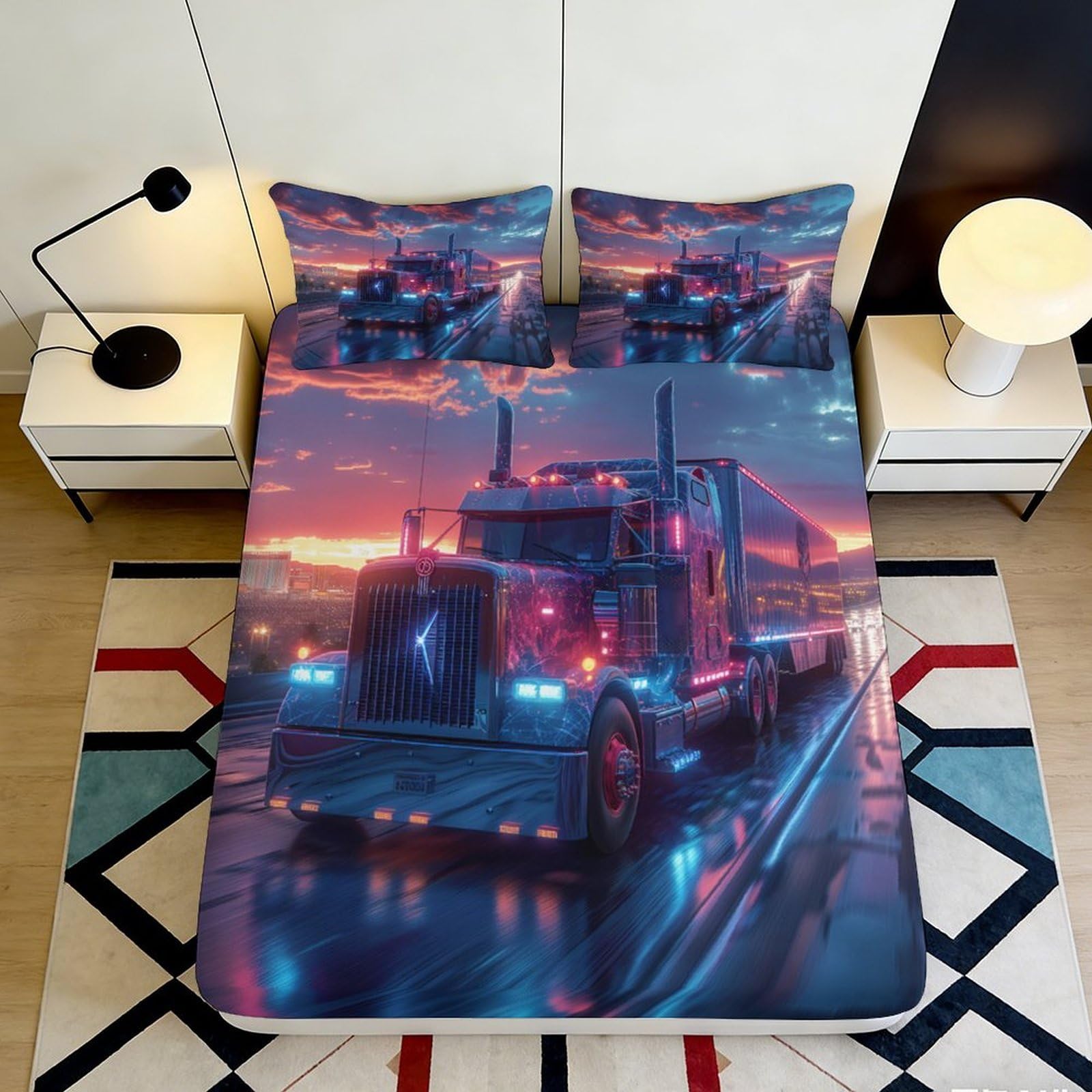 3D Printed Truck Sunset Fitted Sheet Microfiber Soft Decor Highway Night Bed Cover for Bedroom Guest Room Dorm 200x200x25cm