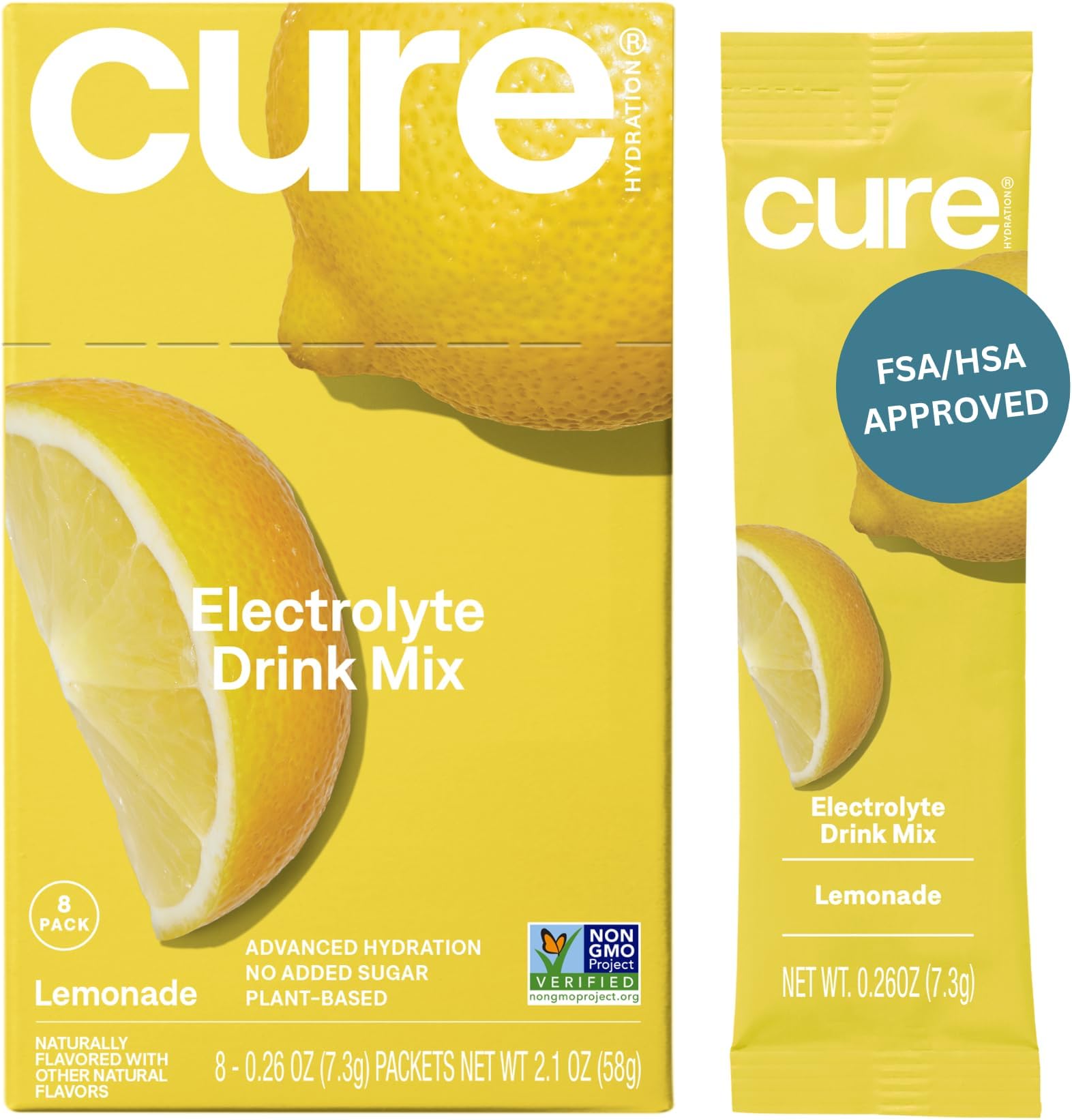 Cure Hydration | Plant-Based Electrolyte Drink Mix | No Added Sugar | FSA-HSA | Dehydration Relief Powder Made with Coconut Water | Non-GMO | Vegan | Box of 8 Packets - Lemonade