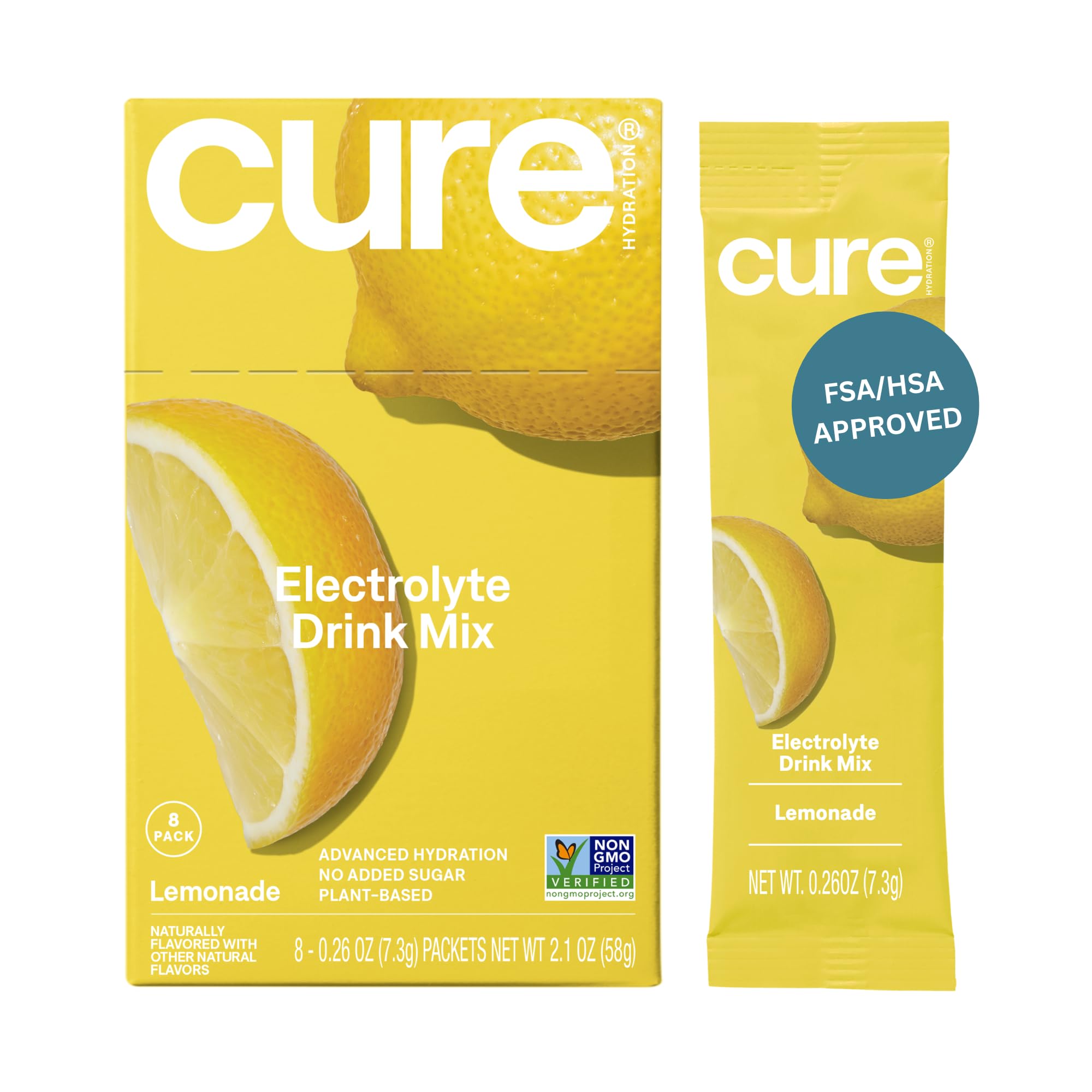 Cure Hydration Plant-Based Electrolyte Drink Mix | No Added Sugar | Dehydration Relief | Coconut Water Powder | FSA-HSA Eligible | Non-GMO, Vegan | 8 Packets – Lemonade