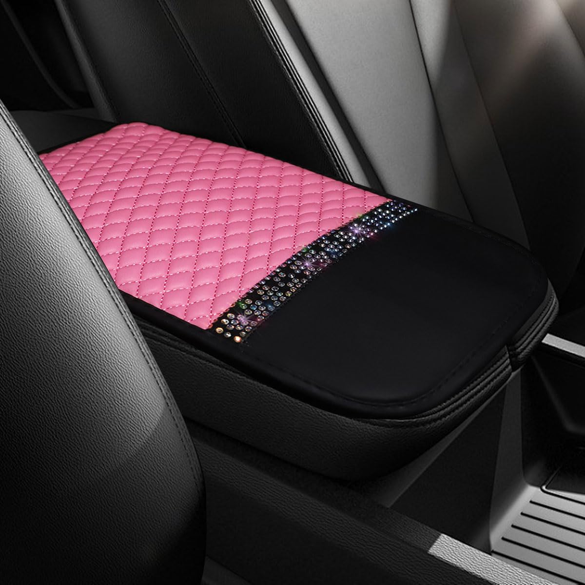 ZIMISI Bling Leather Car Center Console Cover, Comfortable Car Armrest Cover with Crystal Rhinestones, Anti-Scratch Waterproof Vehicle Armrest Seat