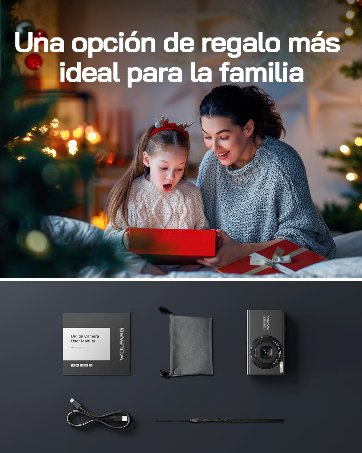 WOLFANG Cámara digital, cámara infantil de 2,7 K para fotografía, cámara compacta de vlogging de 50 MP, cámara de vídeo digital con zoom de 16 X, cámara digital de enfoque automático y disparo, regalo