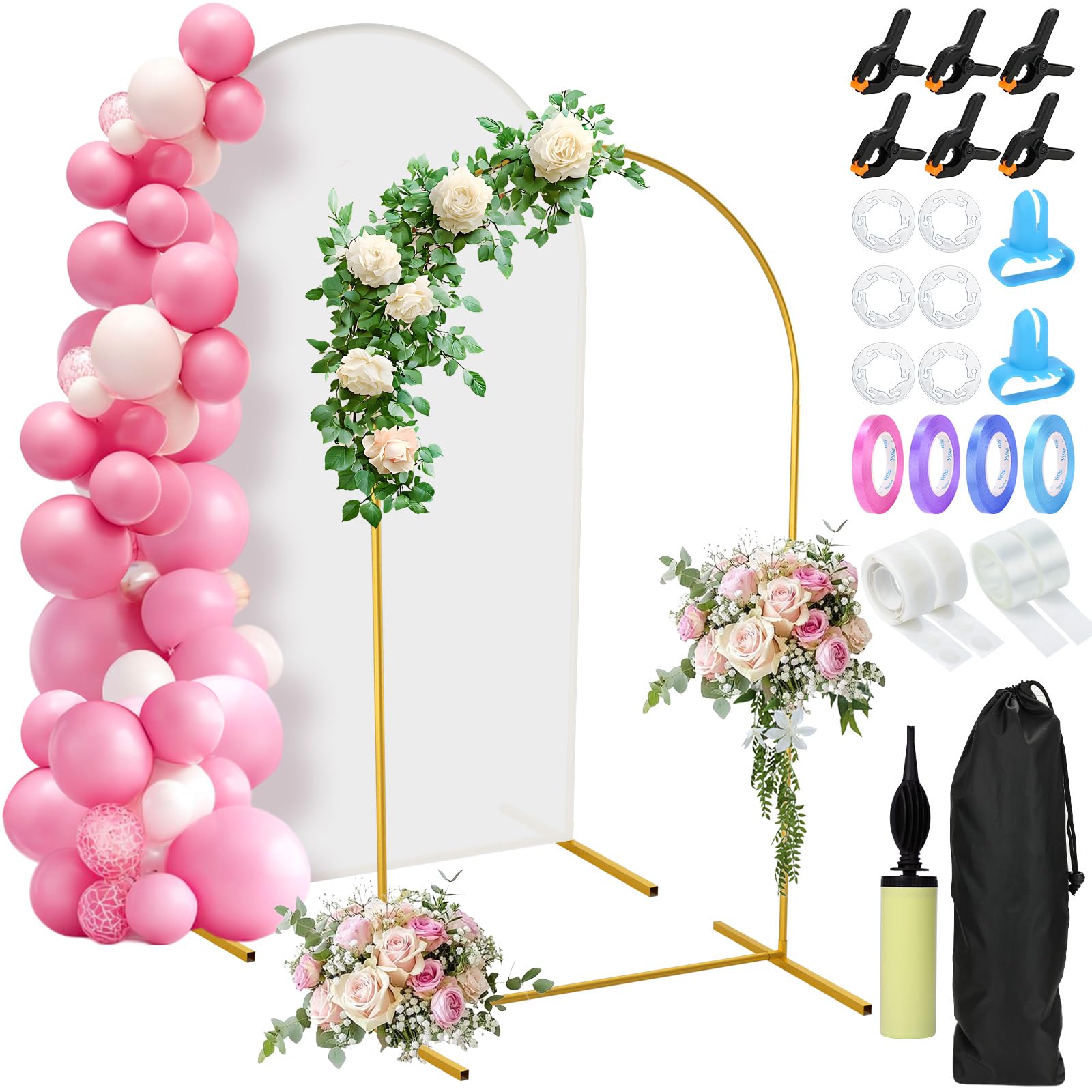 Jupwalz Arch Backdrop Stand and Cover Set, Metal Arch Stand with Rich Balloon Tool for Wedding Birthday Baby Shower Graduation Event Balloon Flowers Decor, Easy to Assemble (7.2FT, White)