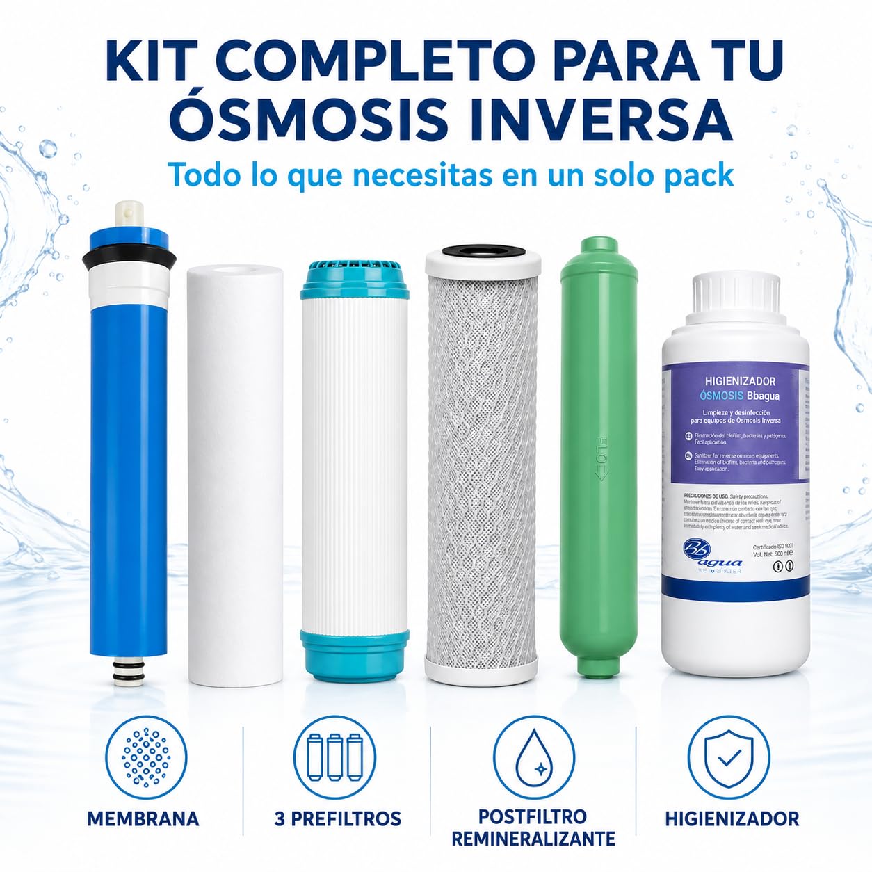 Bbagua Kit Mantenimiento Ósmosis Inversa 50 GPD con Membrana, 3 Prefiltros de 10”, Postfiltro Remineralizante e Higienizador 500 ml