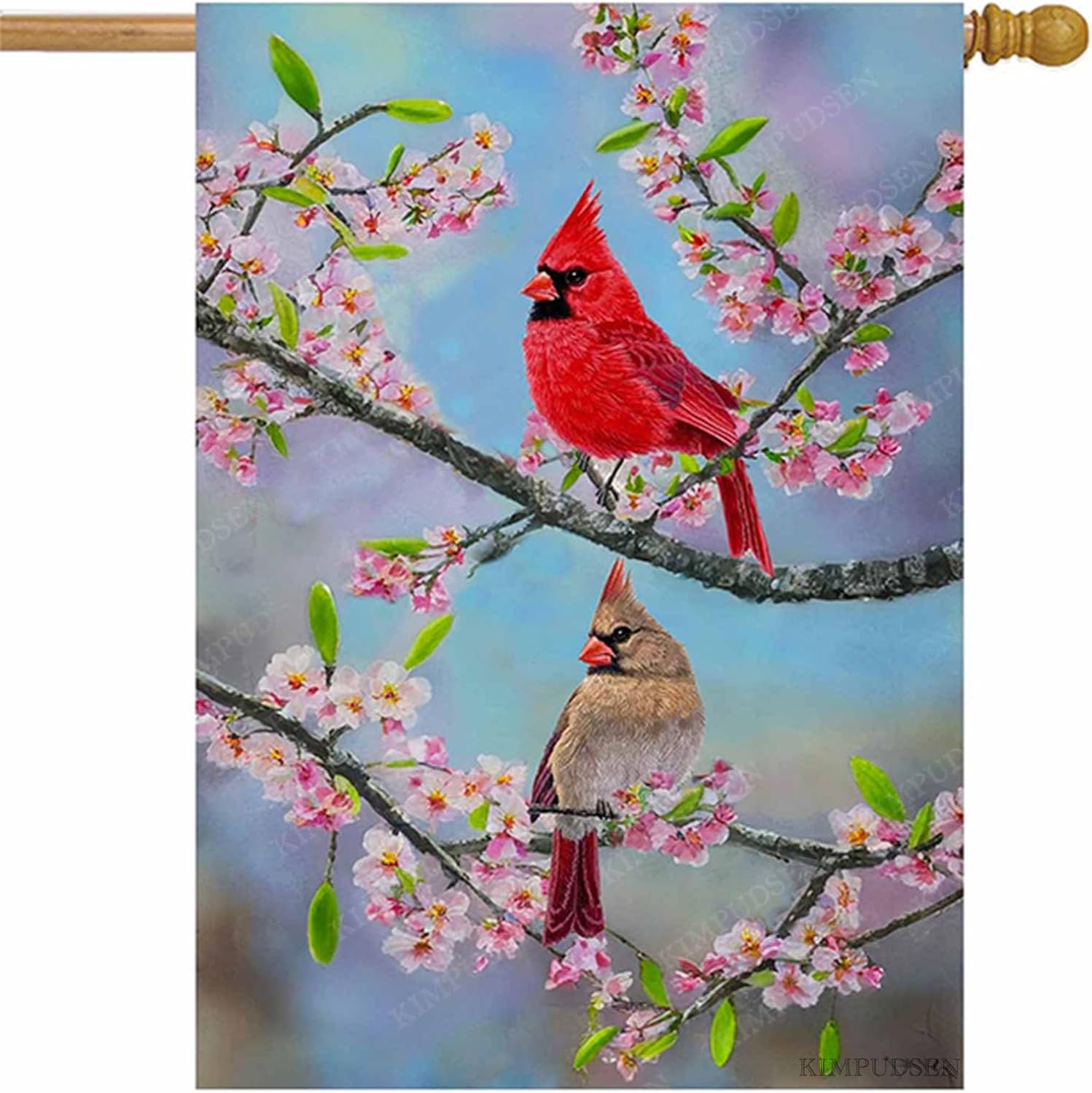 Cardinal Cherry Blossoms Spring Garden Flag — Double Sided Decorative Outdoor Yard House Flag, Seasonal Decoration for Patio, Lawn, or Garden (28x40 Inches)