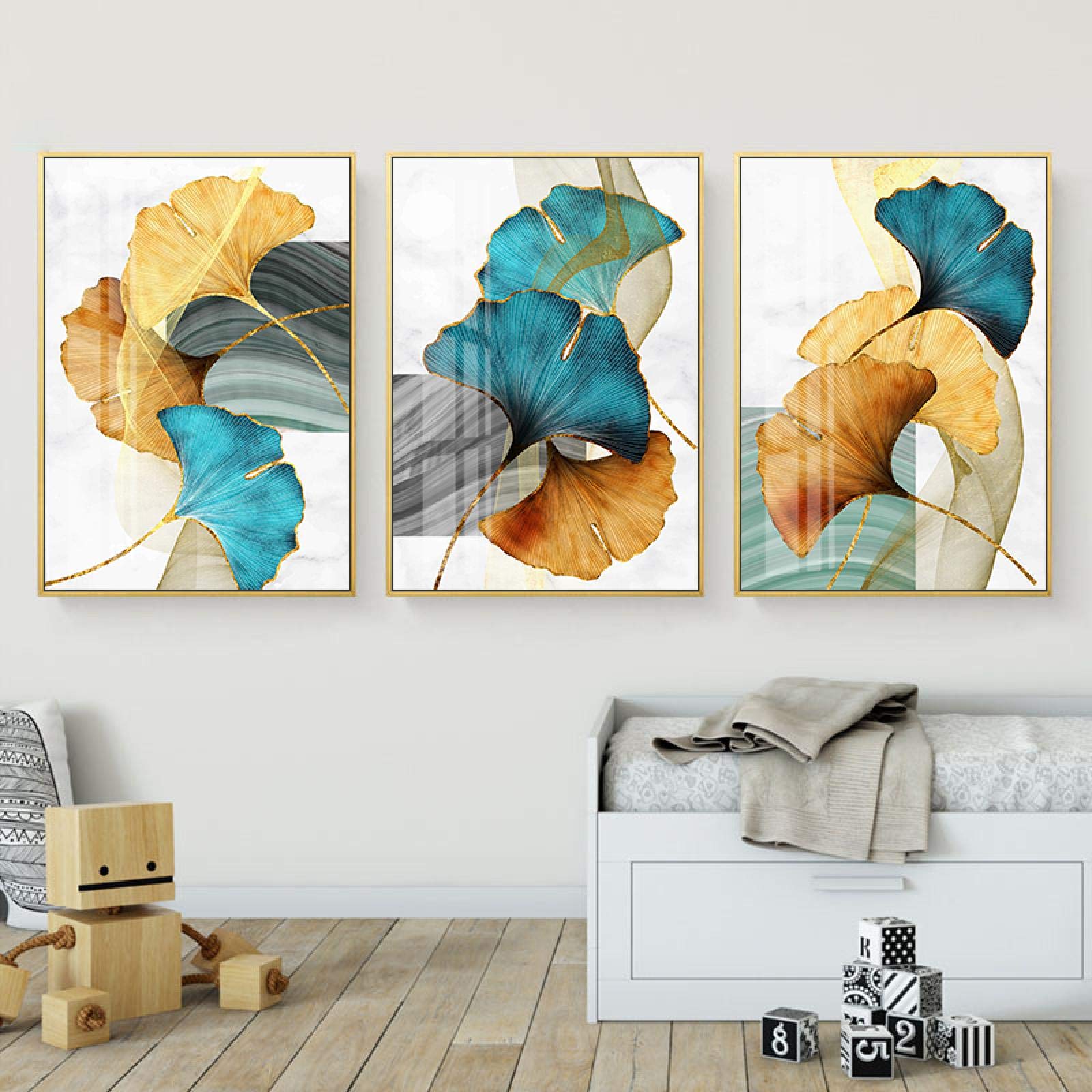 Cartel de hoja de planta de oro azul Impresión de lienzo nórdico Pinturas de arte de pared Cuadro moderno Decoración de sala de estar, Listo para colgar 50x70cmx3pcs Marco interior