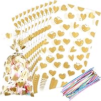 Vista 1 de COQOFA 100 piezas de bolsas de celofán transparentes para regalos con forma de corazón dorado de 17,78 x 30,48 cm, bolsas de fiesta, para caramelos