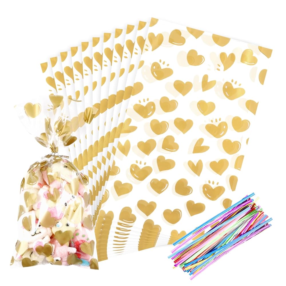 COQOFA 100Pcs 7X12IN Gold Heart Cello Cellophane Treat Bags Gift Party Favor Clear Candy Cookie Plastic Poly Goodie Storage with Twist Ties for Baby Shower, Valentine, Birthday, Wedding, Decorations