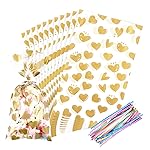 COQOFA 100Pcs 7X12IN Gold Heart Cello Cellophane Treat Bags Gift Party Favor Clear Candy Cookie Plastic Poly Goodie Storage with Twist Ties for Baby Shower, Valentine, Birthday, Wedding, Decorations