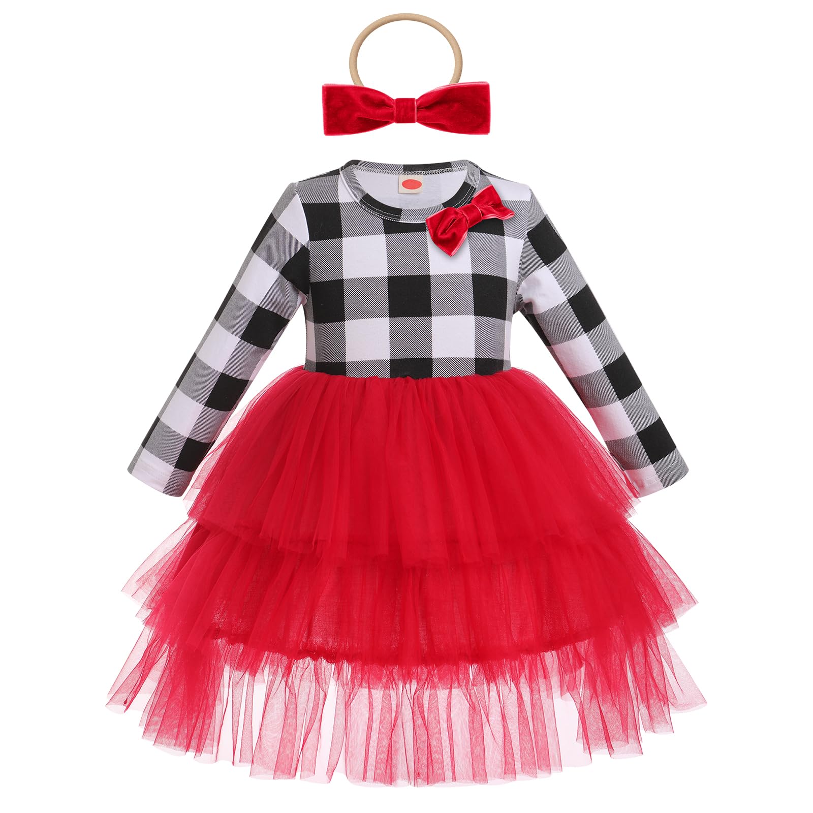 Toddler Girls Christmas Dress Long Sleeve Plaid Tiered Tulle Fall Winter Cake Smash Birthday Photo Shoot Clothes