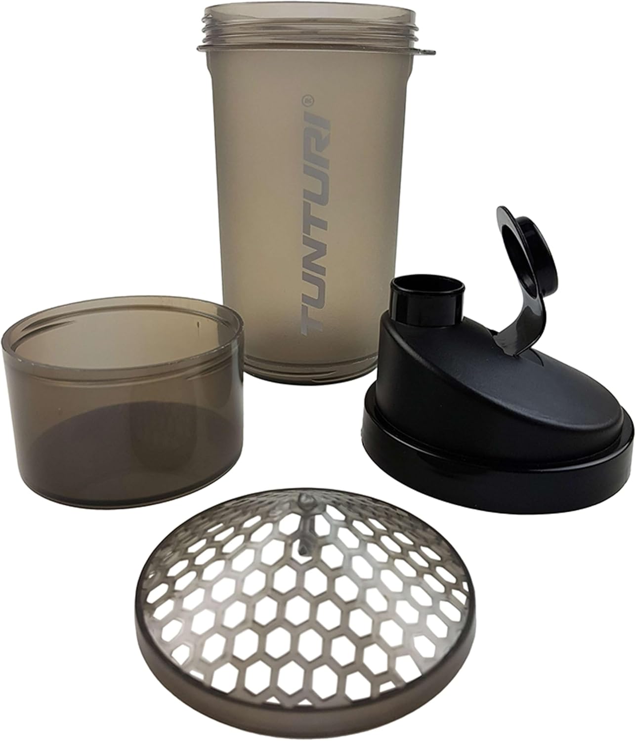 Disassembled Tunturi Protein Shaker showing the cup, lid, sieve, and storage compartment.