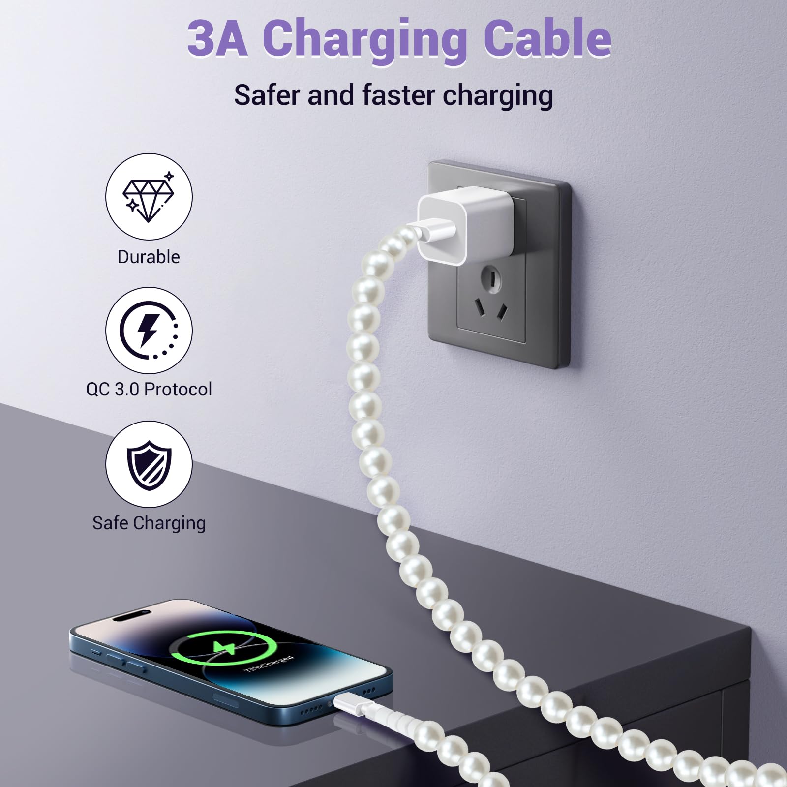 Aolcev for iPhone Charging Cable 3.3FT [MFi Certified] 66W Fast Charger Cord Cute Beaded Phone Charger Cord USB A Charging Cable for iPhone 14 13 12 11 Pro Max 8 7 6 Plus iPad Pro/Air/Mini Colored