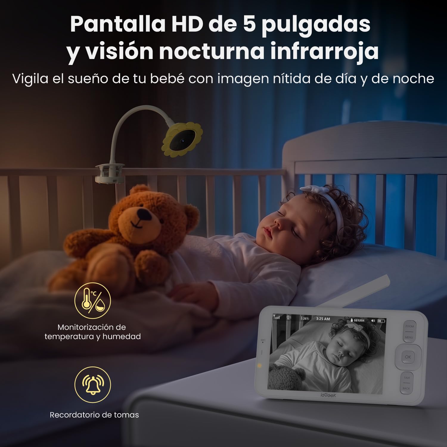 ieGeek Cámara Vigilancia Bebes con Soporte 5" 1080P, Baby Monitor con Detección Movimiento y Llanto, Audio Bidireccional, Visión Nocturna, Temperatura, Regalo Recién Nacidos