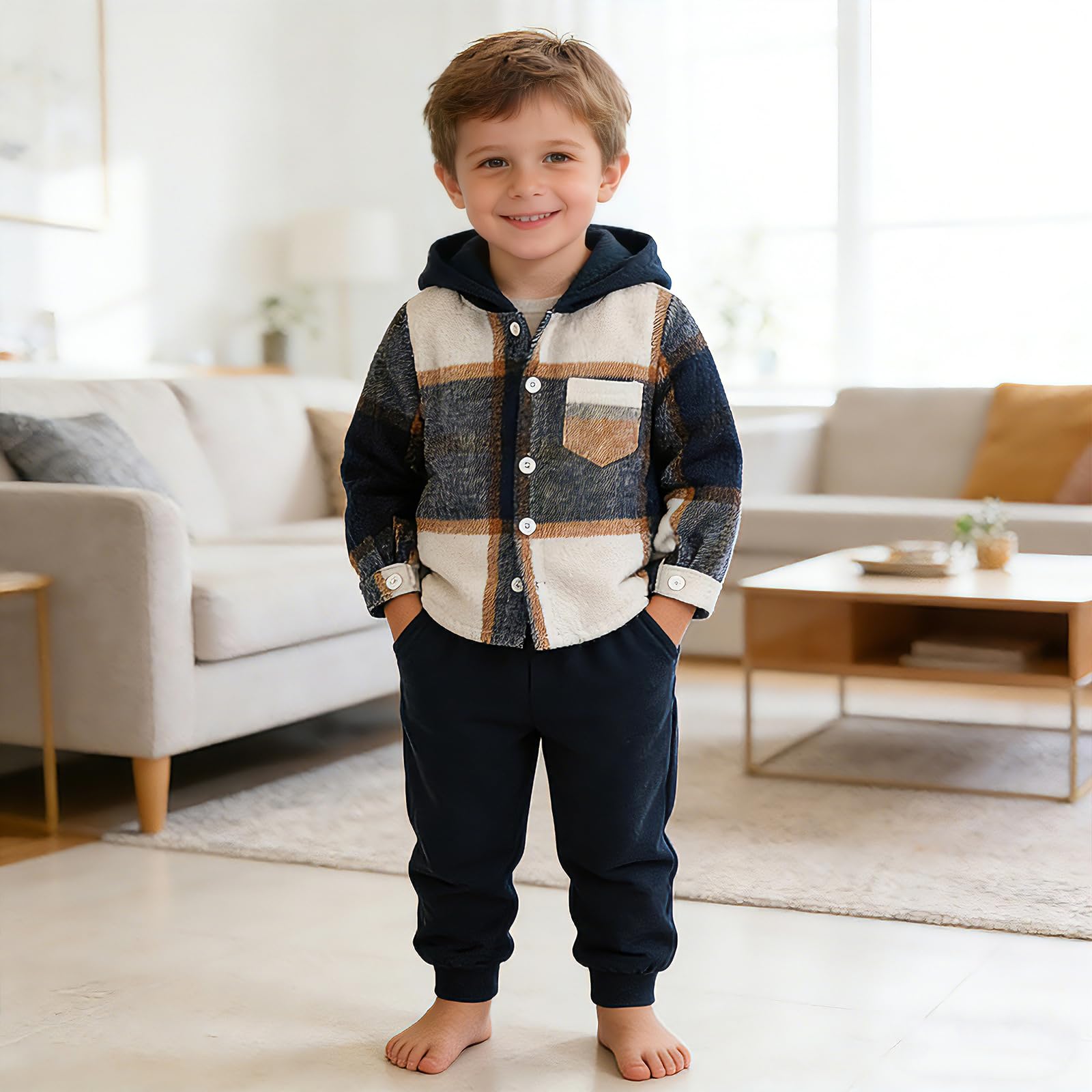 Yanmucy Ensemble Vêtements pour Bébés et Jeunes Garçons 2 Pièces Coton Plaid Ensemble Garçon Hoodies Chemise Tops Pantalon Ensemble Sweatsuit Petit Garçon pour Enfants 2-7 Ans