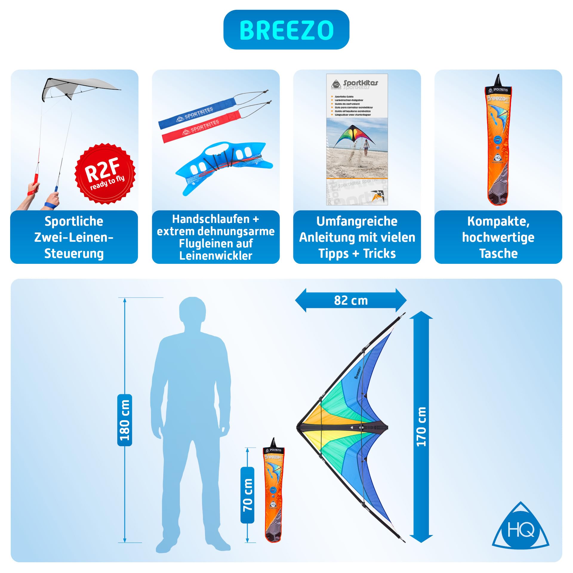 HQ Design Aquilone Breezo 2 linee per bambini e adulti a partire dai 12 anni 82 x 170 cm con cinghie Dyneem 50 kp 2 x 25 m + passanti 2-6 Bft