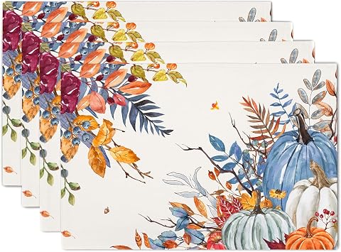 Hello Autumn Placemats Set of 4 Blue Pumpkin Thanksgiving Farmhouse Place Mats 12 x 18 Inch Waterproof Autumn Leaves Heat Resistant Table Mats for Fall Party Home Kitchen Dining Decoration