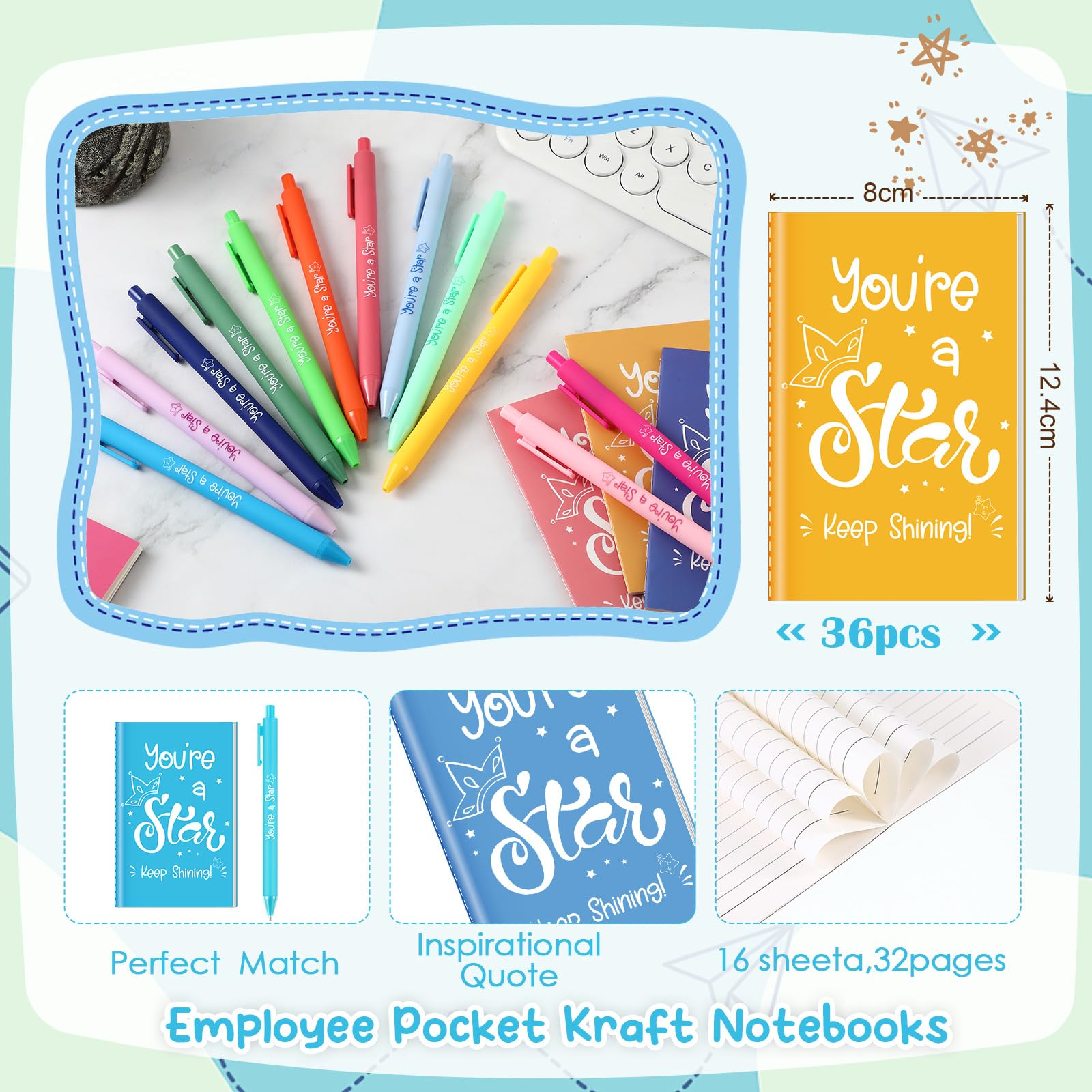 Clabby 36 Set End of Term Gifts for Students from Teachers Bulk You're a Star Keep Shining Inspirational Notebooks with Colorful Pens Gifts for Class Rewards End of Year School Leavers - Image 4