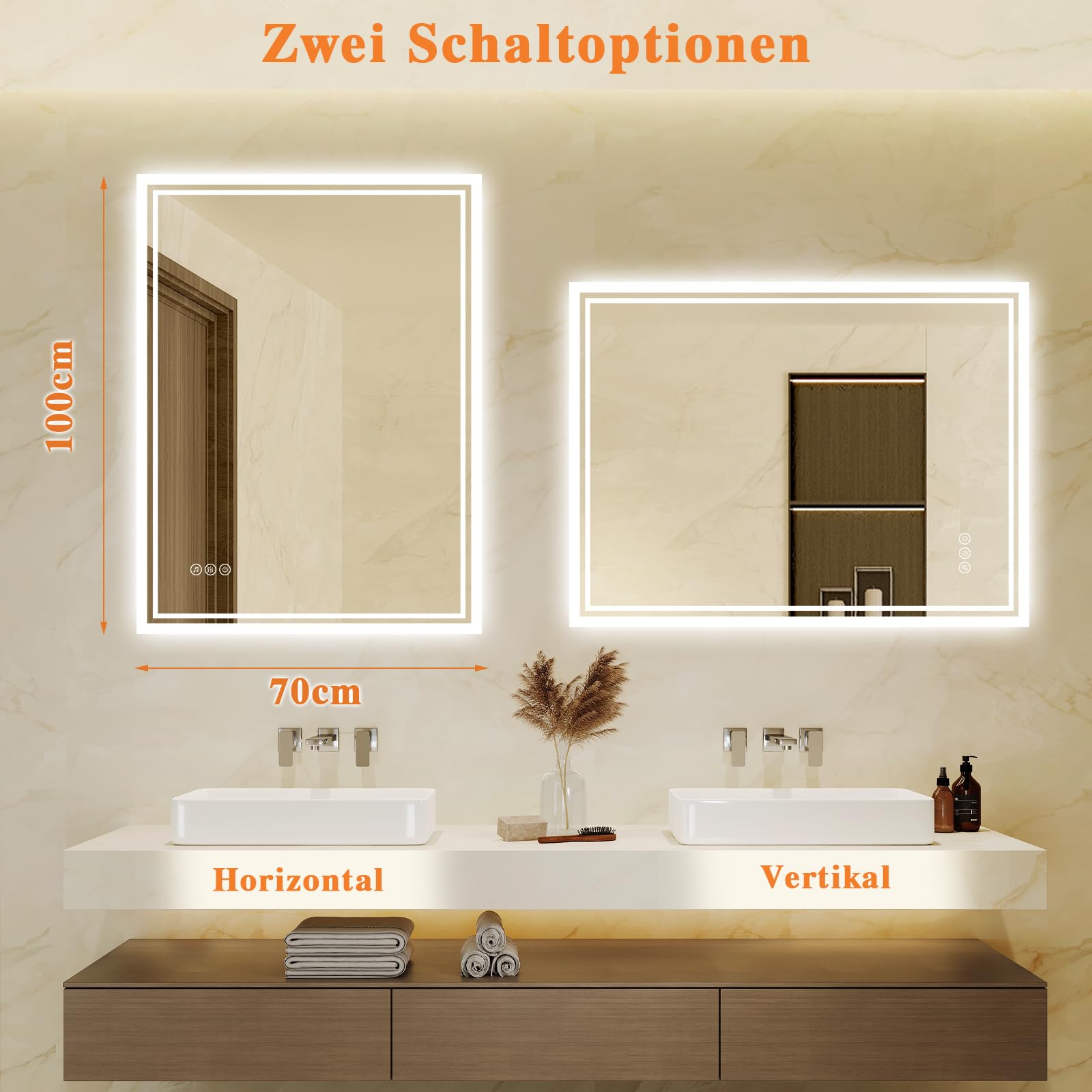 Badspiegel-mit-Beleuchtung 70x100cm: LED Badezimmer-Spiegel Badezimmerspiegel mit Bluetooth, Beschlagfrei, Touch-Schalter, 3 Lichtfarben Dimmbar Spiegel Bad für Badezimmer