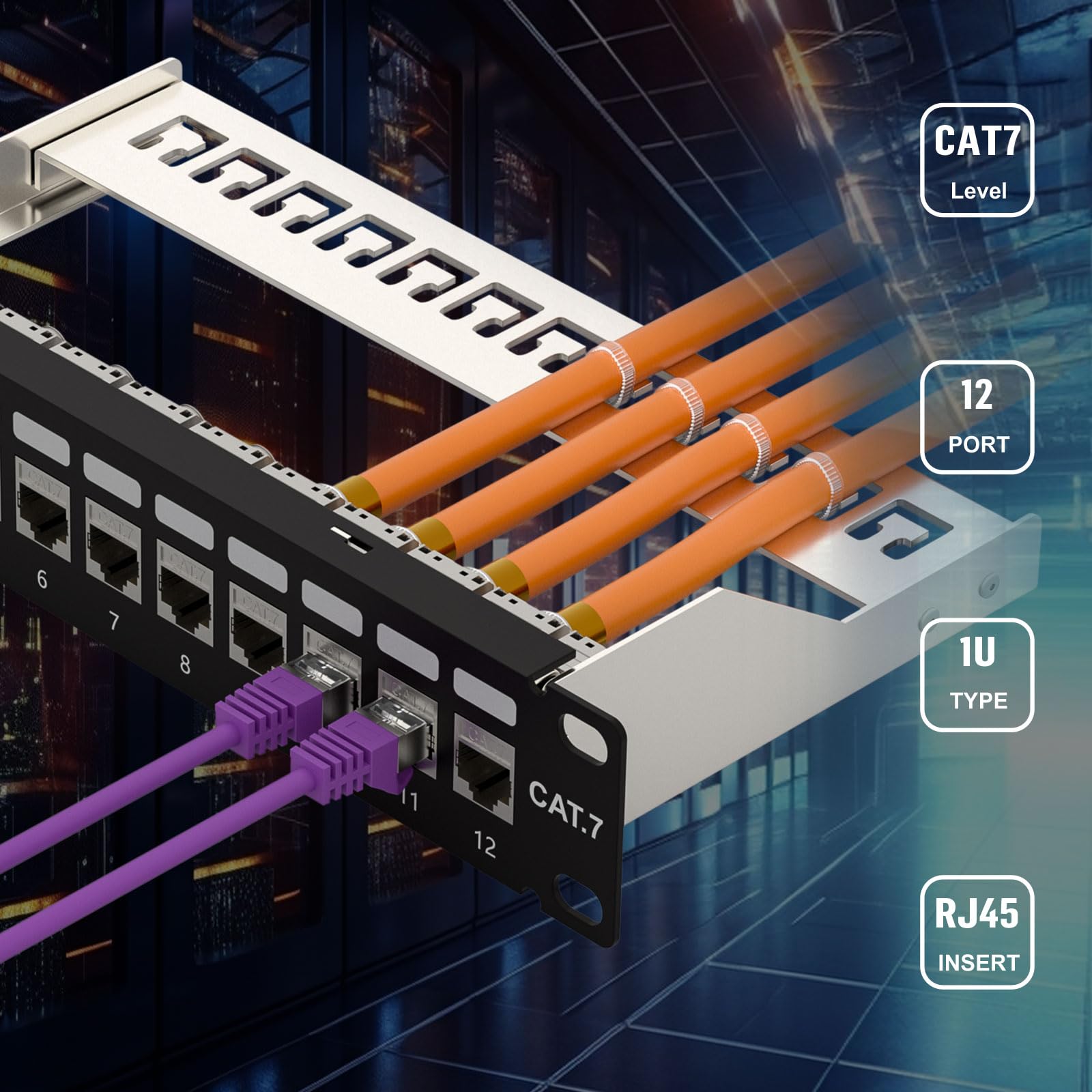 FGB Panneau de brassage 12 ports CAT7 10 Gbps avec 12 modules Keystone Cat7 blindés, montage en rack RJ45 19", réseau LAN 600 MHz, câble de pose pour commutateur réseau Gigabit