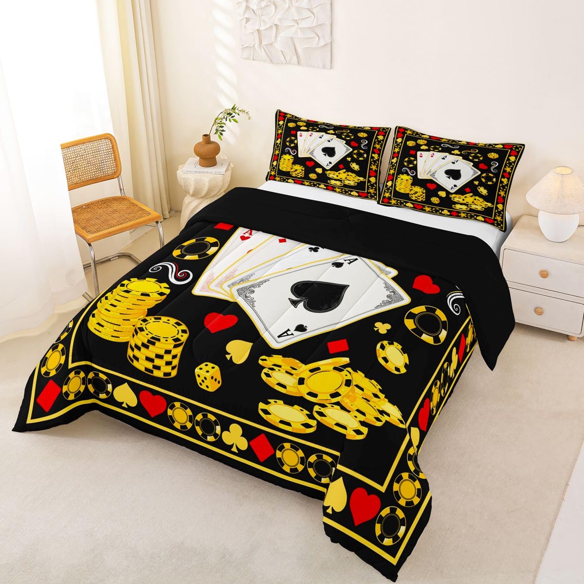Homewish Poker Casino Vintage zestaw pościeli King Size - gra karciana retro zestaw pościeli poker gra żetony zestaw kołdry - czarny złoty retro bez przykrycia kołdra z 2 poszewkami na poduszki