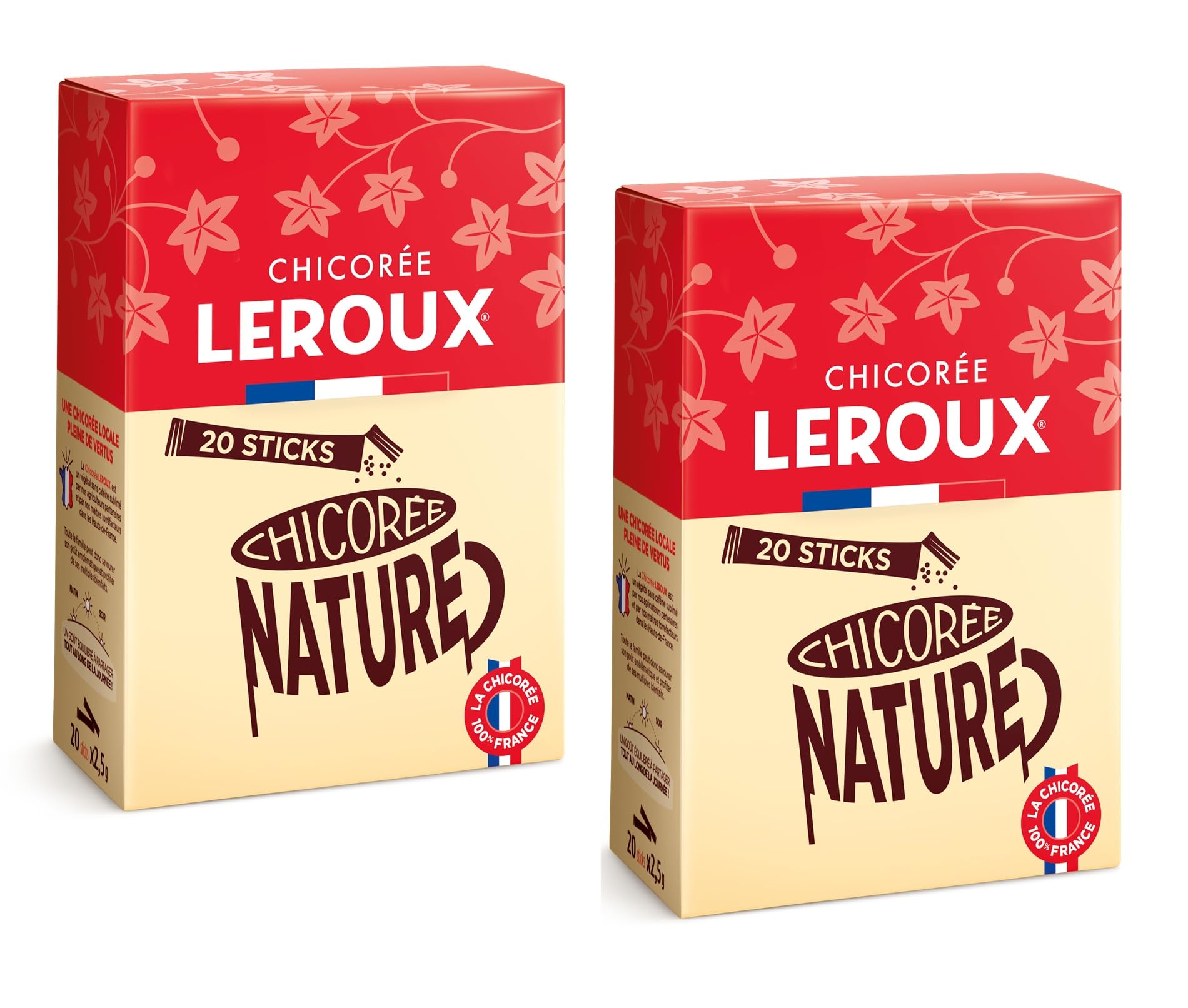 Leroux - Chicorée Soluble Nature en Sticks - 100% d'Origine Végétale - Chicorée Torréfiée, Goût Naturel - Riche en Fibres, Sans Sucres Ajoutés - Boite de 20 Sticks - Lot de 2