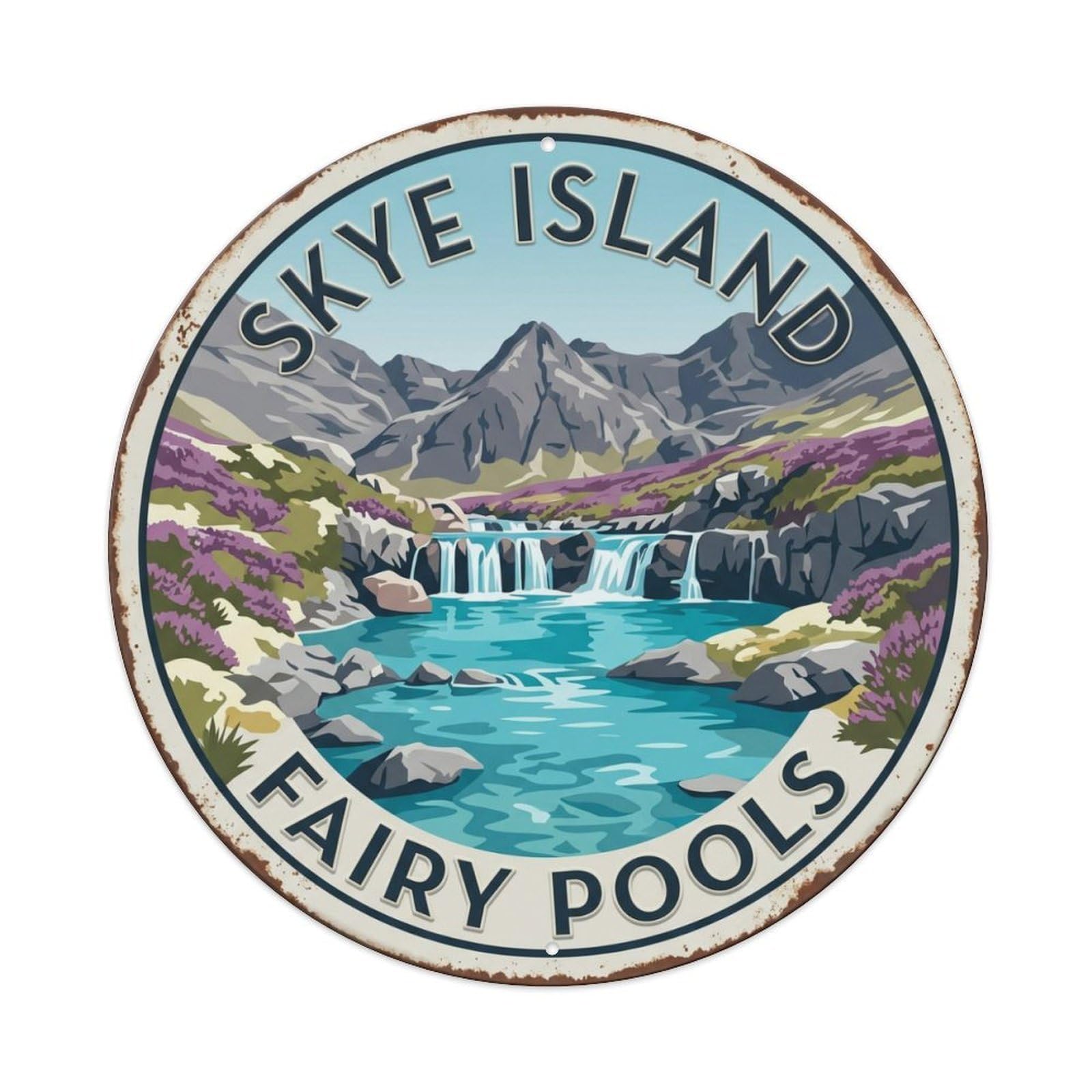 Skye Island Fairy Pools Scotland Highland Metal Tin Sign Plaque Wall Decor for Cafe, Club Bar, Office, Home Garden Round Metal Poster 8x8Inch