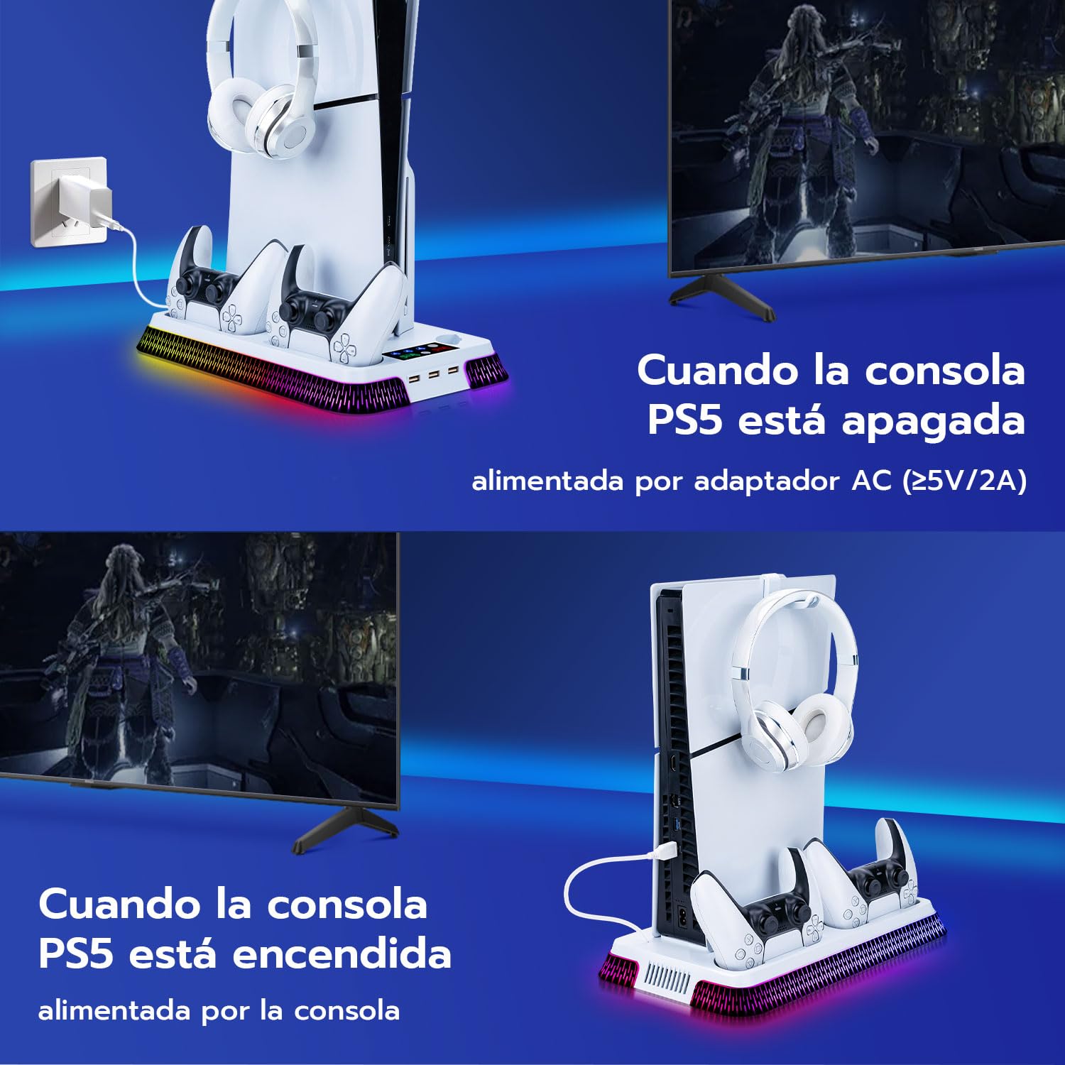 Wigearss Soporte Vertical para PS5/PS5 Slim/PS5 Pro con Ventiladores de Refrigeración Carga para 2 Mandos, Ventilador de Enfriamiento Ajustable en 3 Niveles con 10 Efectos de Iluminación LED